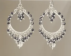Black Gemstone Chandelier Hoop Earrings Sterling Silver