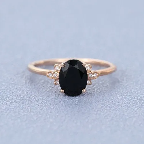 Black onyx engagement ring vintage Rose gold onyx engagement ring for women Round moissanite Cluster wedding Promise gift