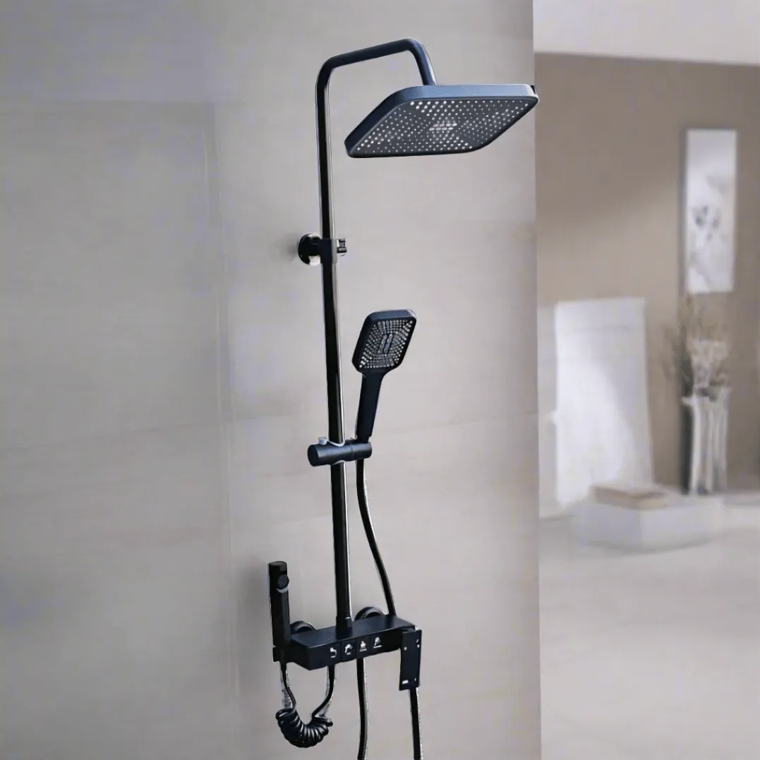 Black Wall Mounted Four-Function Rain Shower Set With Piano Key Shower System
