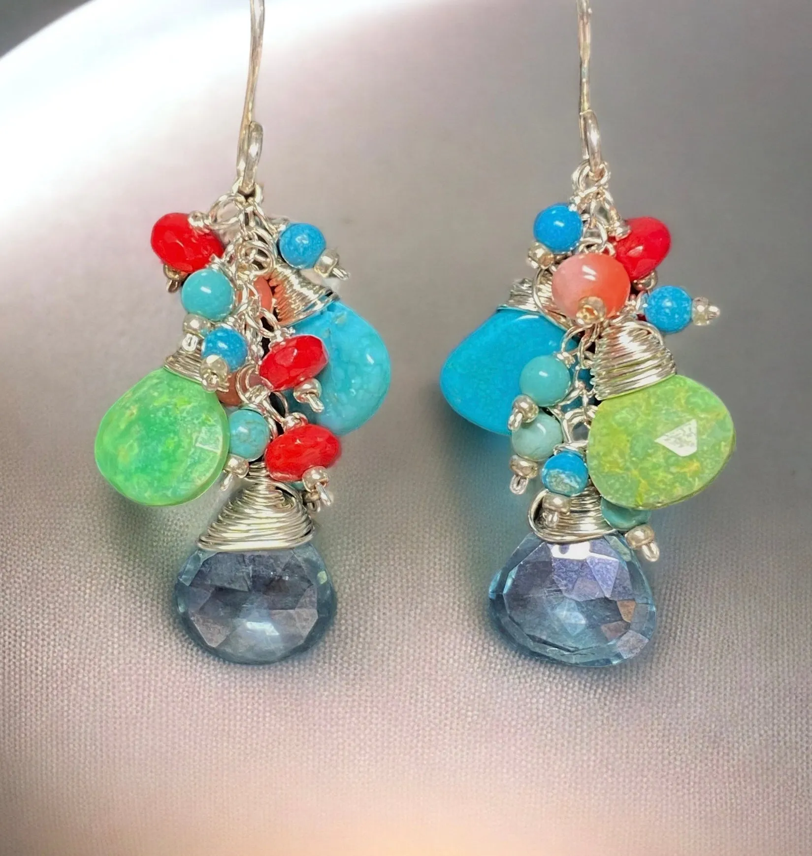 Blue and Green Turquoise, Coral Dangle Earrings Sterling Silver