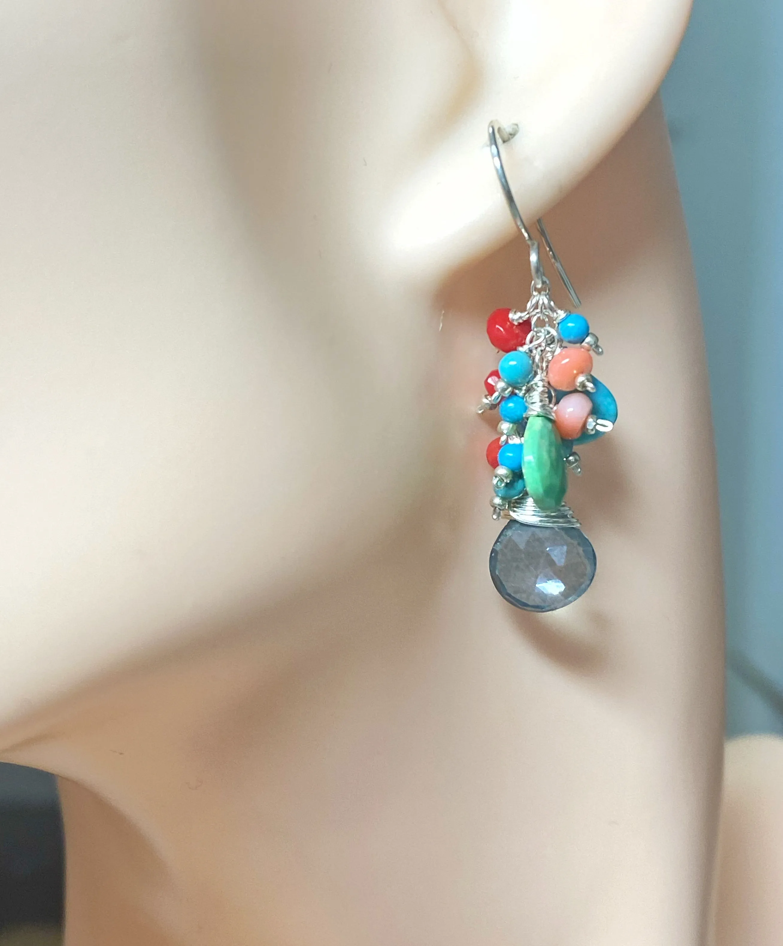 Blue and Green Turquoise, Coral Dangle Earrings Sterling Silver