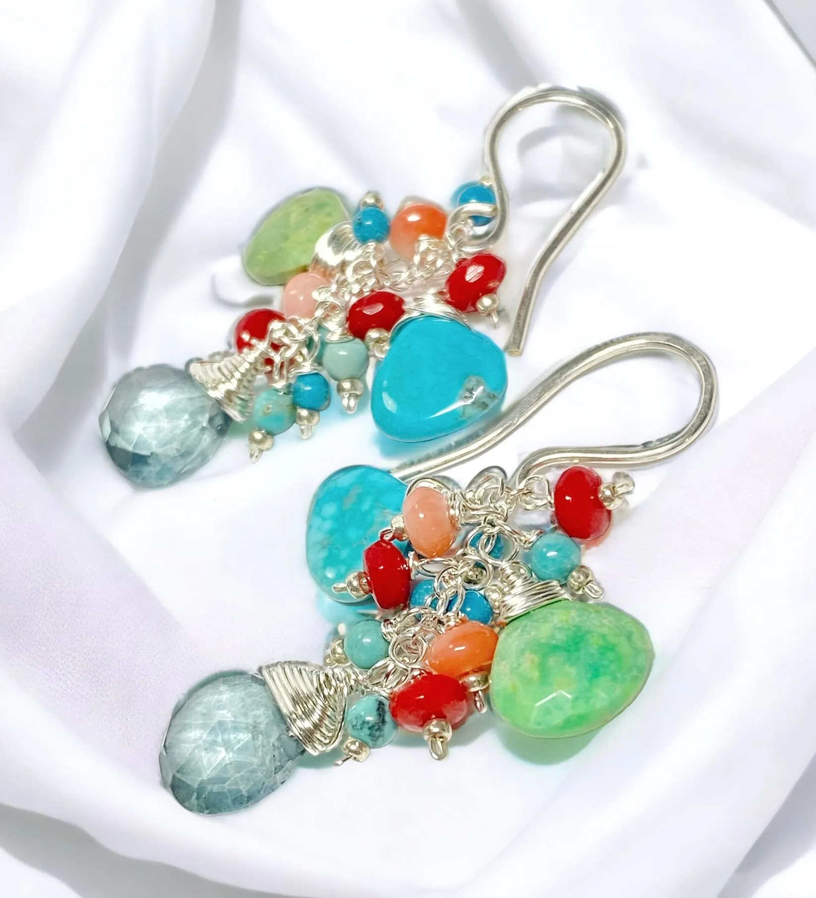 Blue and Green Turquoise, Coral Dangle Earrings Sterling Silver