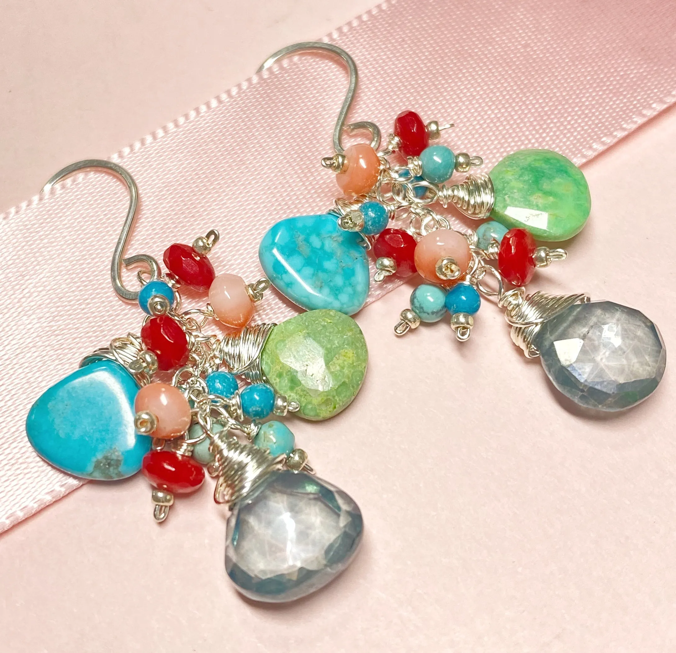 Blue and Green Turquoise, Coral Dangle Earrings Sterling Silver