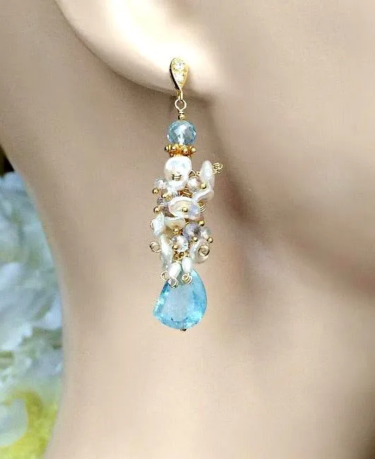 Blue Aquamarine Gemstone Keishi Pearl Cluster Earrings