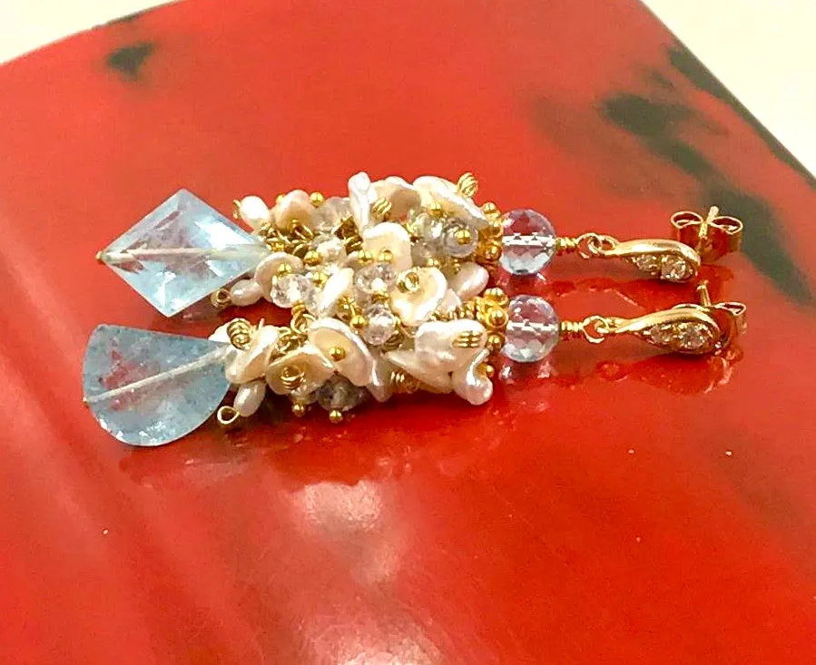 Blue Aquamarine Gemstone Keishi Pearl Cluster Earrings