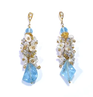 Blue Aquamarine Gemstone Keishi Pearl Cluster Earrings