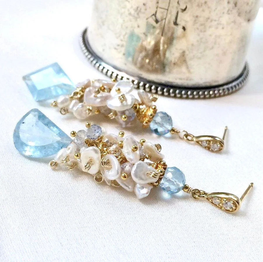 Blue Aquamarine Gemstone Keishi Pearl Cluster Earrings