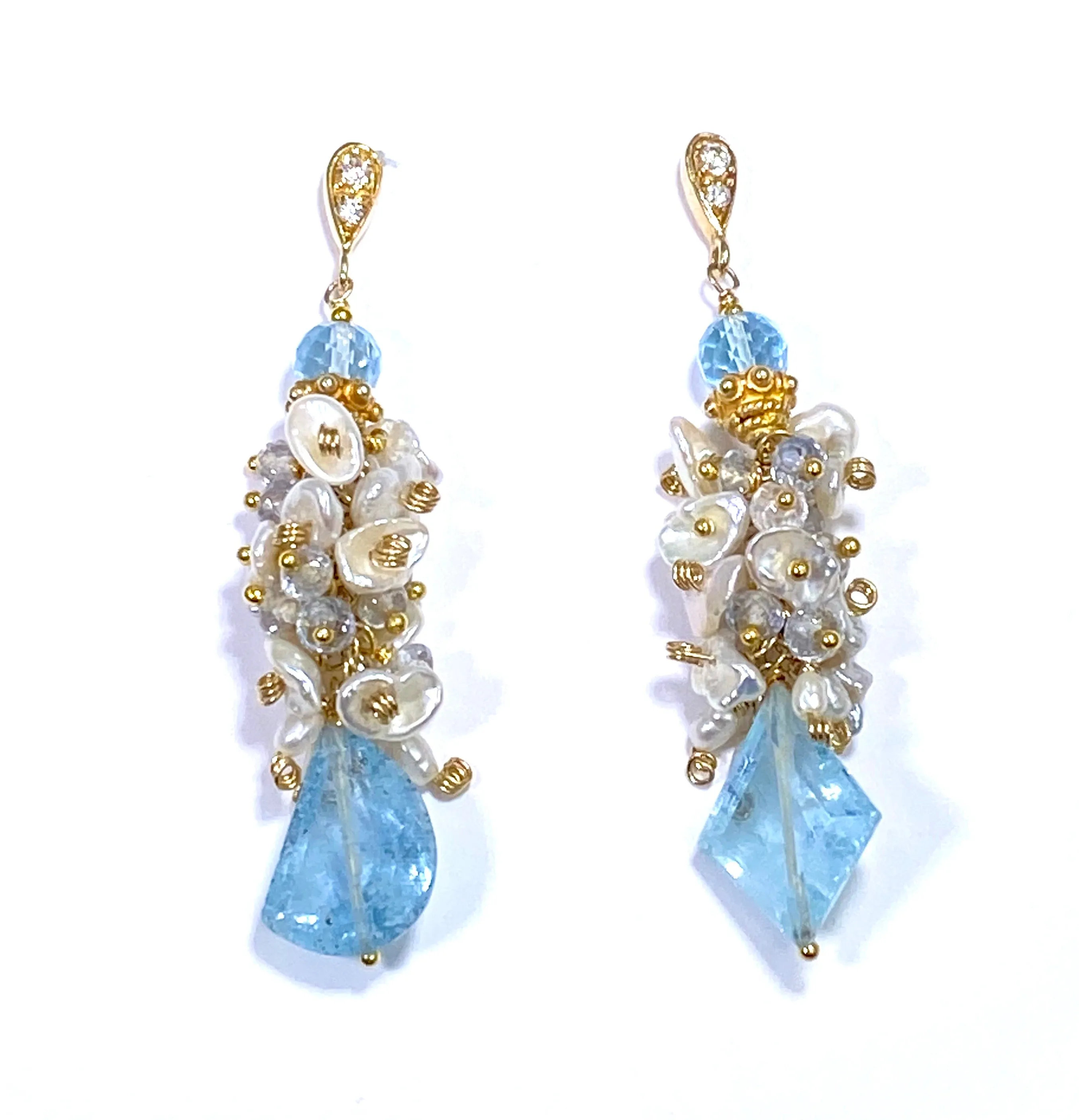 Blue Aquamarine Gemstone Keishi Pearl Cluster Earrings