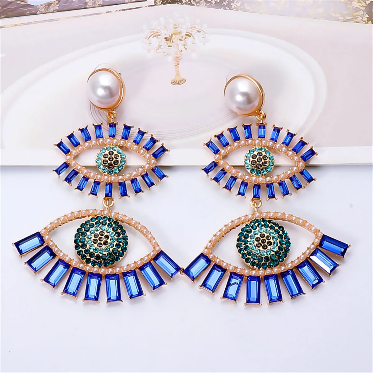 Blue Crystal & Cubic Zirconia Evil Eye Drop Earrings