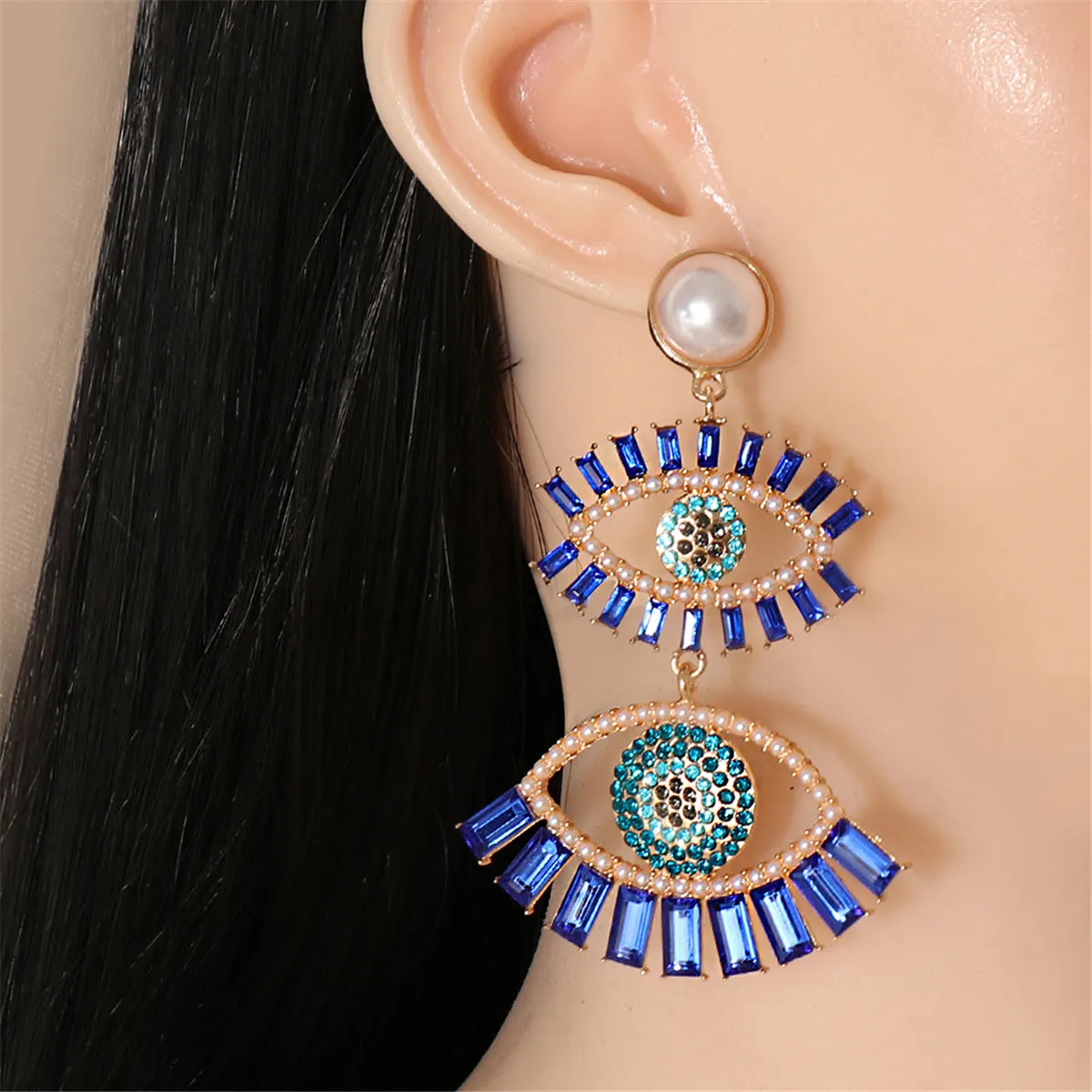 Blue Crystal & Cubic Zirconia Evil Eye Drop Earrings