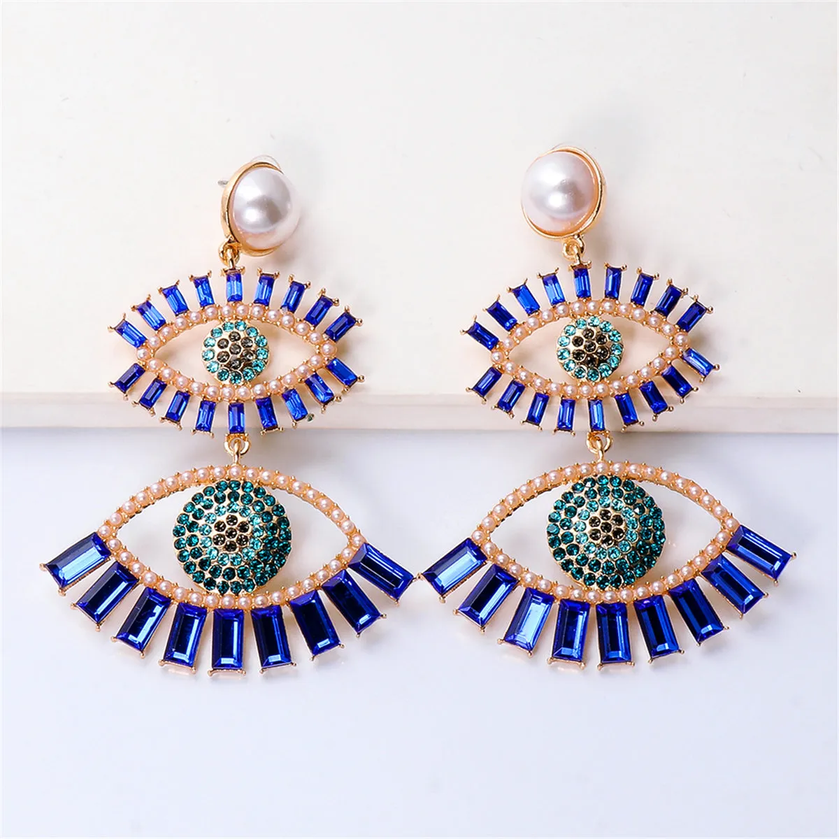 Blue Crystal & Cubic Zirconia Evil Eye Drop Earrings