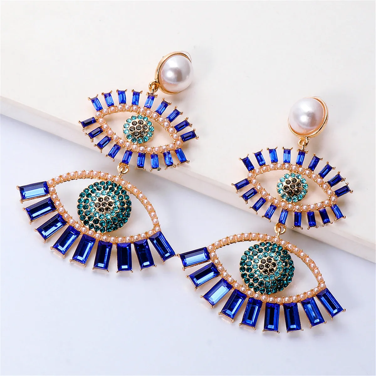 Blue Crystal & Cubic Zirconia Evil Eye Drop Earrings