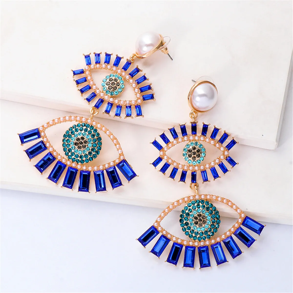 Blue Crystal & Cubic Zirconia Evil Eye Drop Earrings