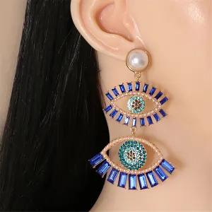 Blue Crystal & Cubic Zirconia Evil Eye Drop Earrings