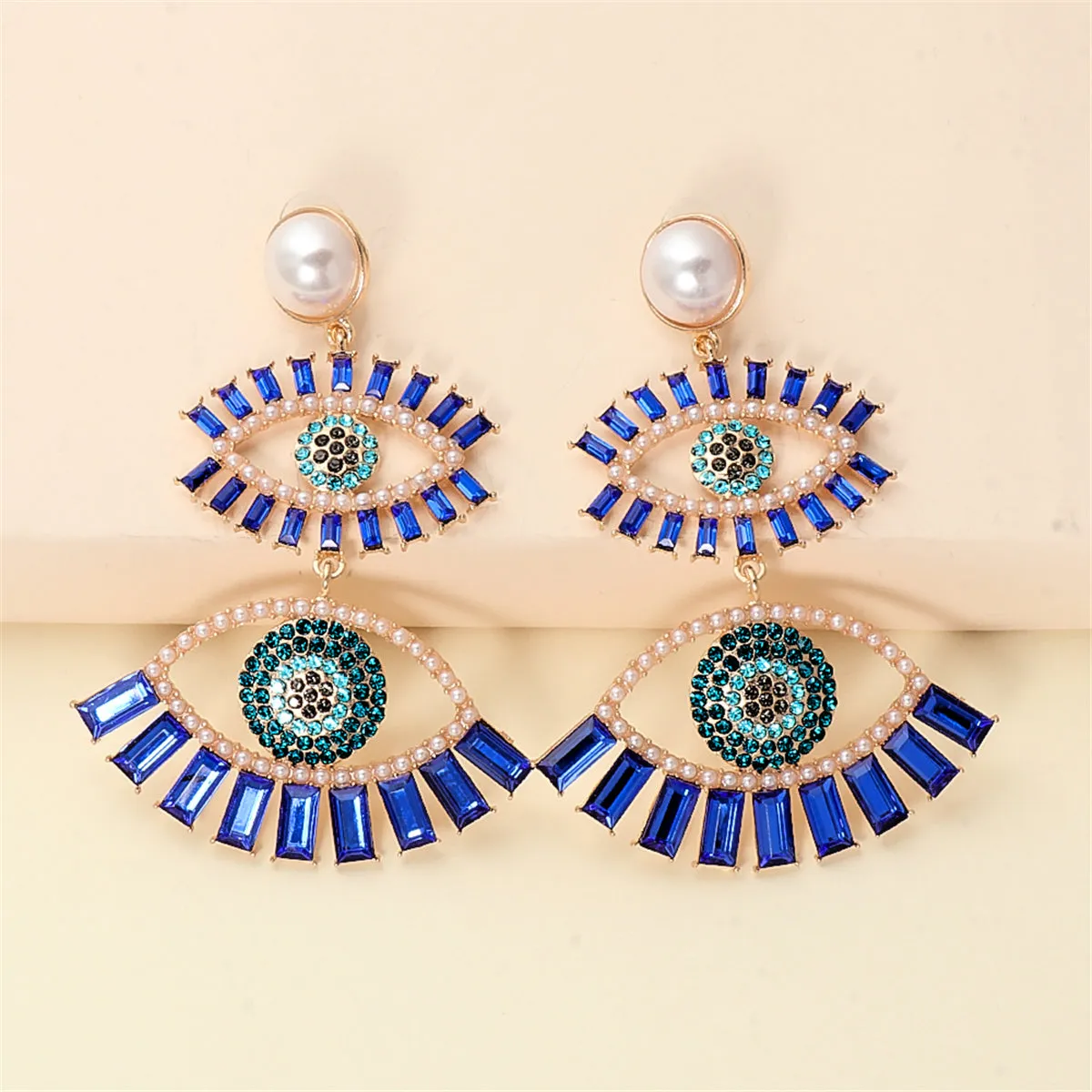 Blue Crystal & Cubic Zirconia Evil Eye Drop Earrings