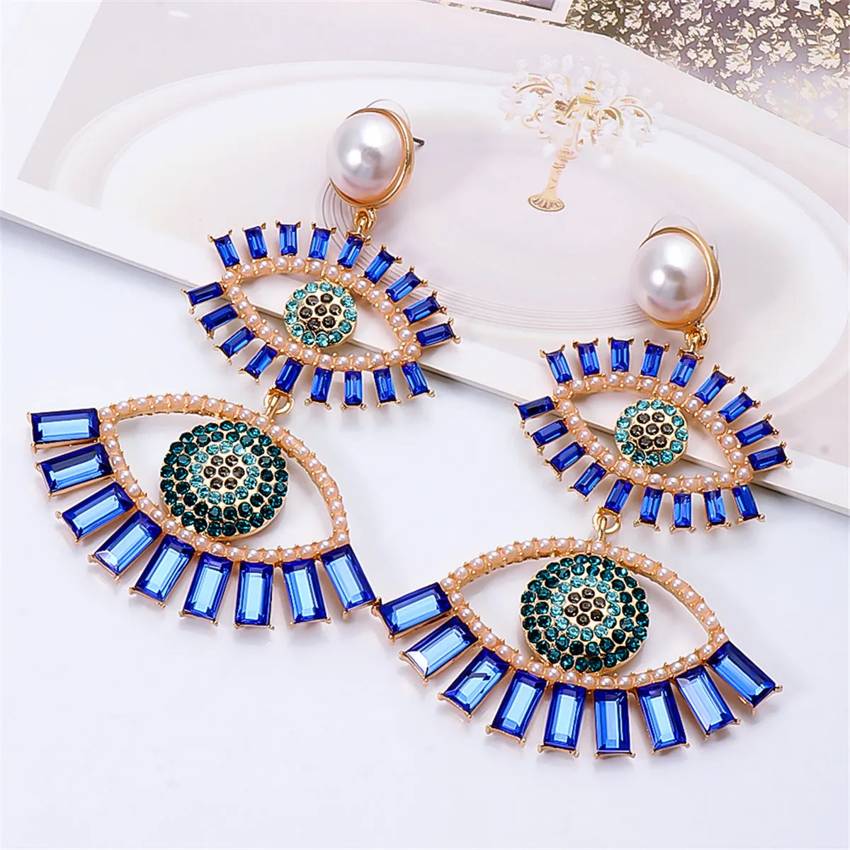 Blue Crystal & Cubic Zirconia Evil Eye Drop Earrings