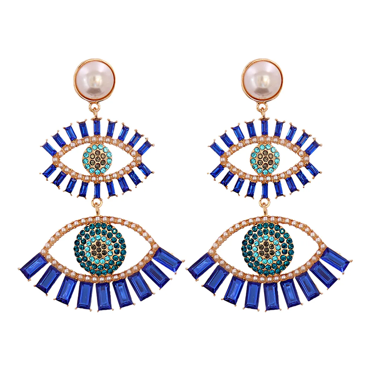 Blue Crystal & Cubic Zirconia Evil Eye Drop Earrings