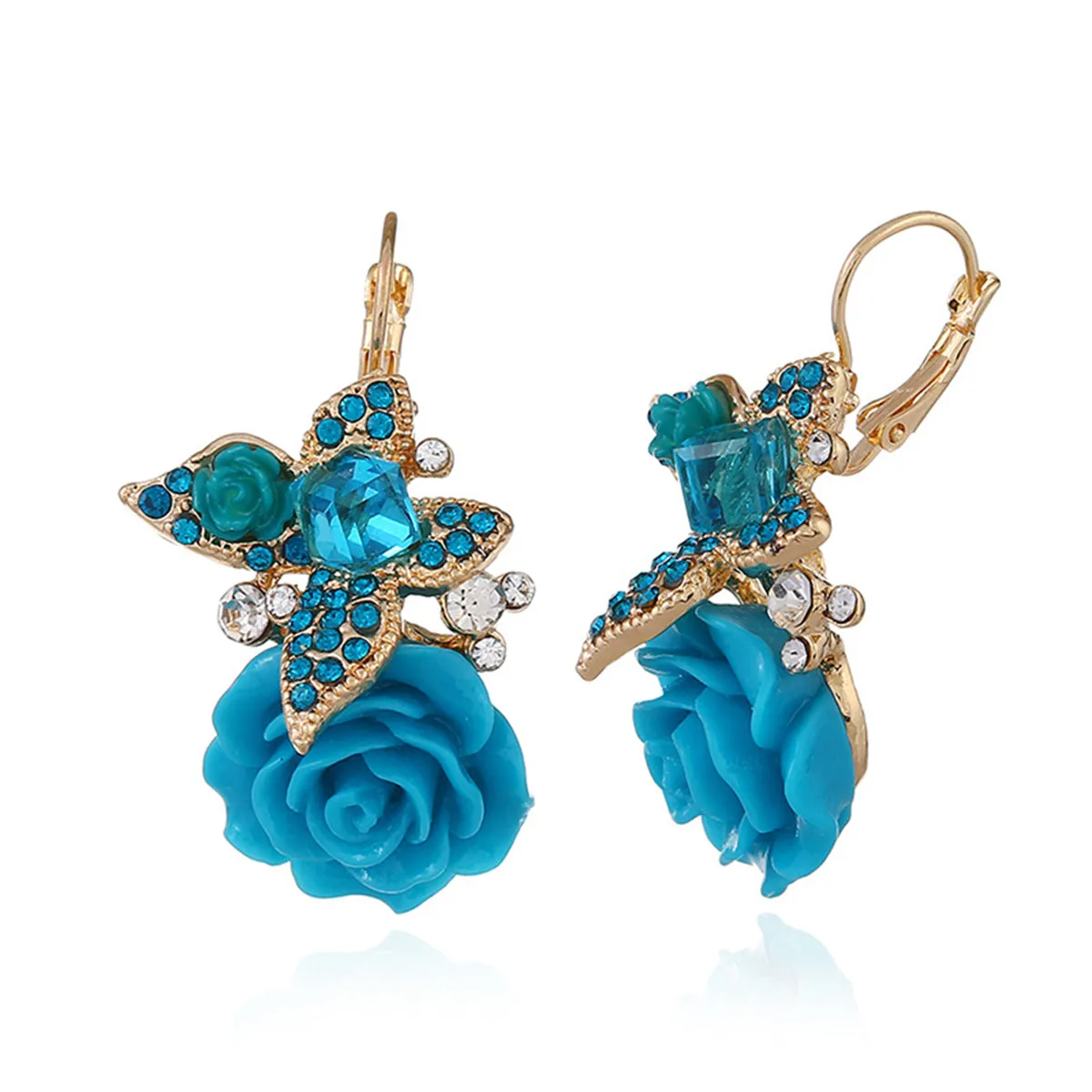 Blue Crystal & Cubic Zirconia Flower Drop Earrings