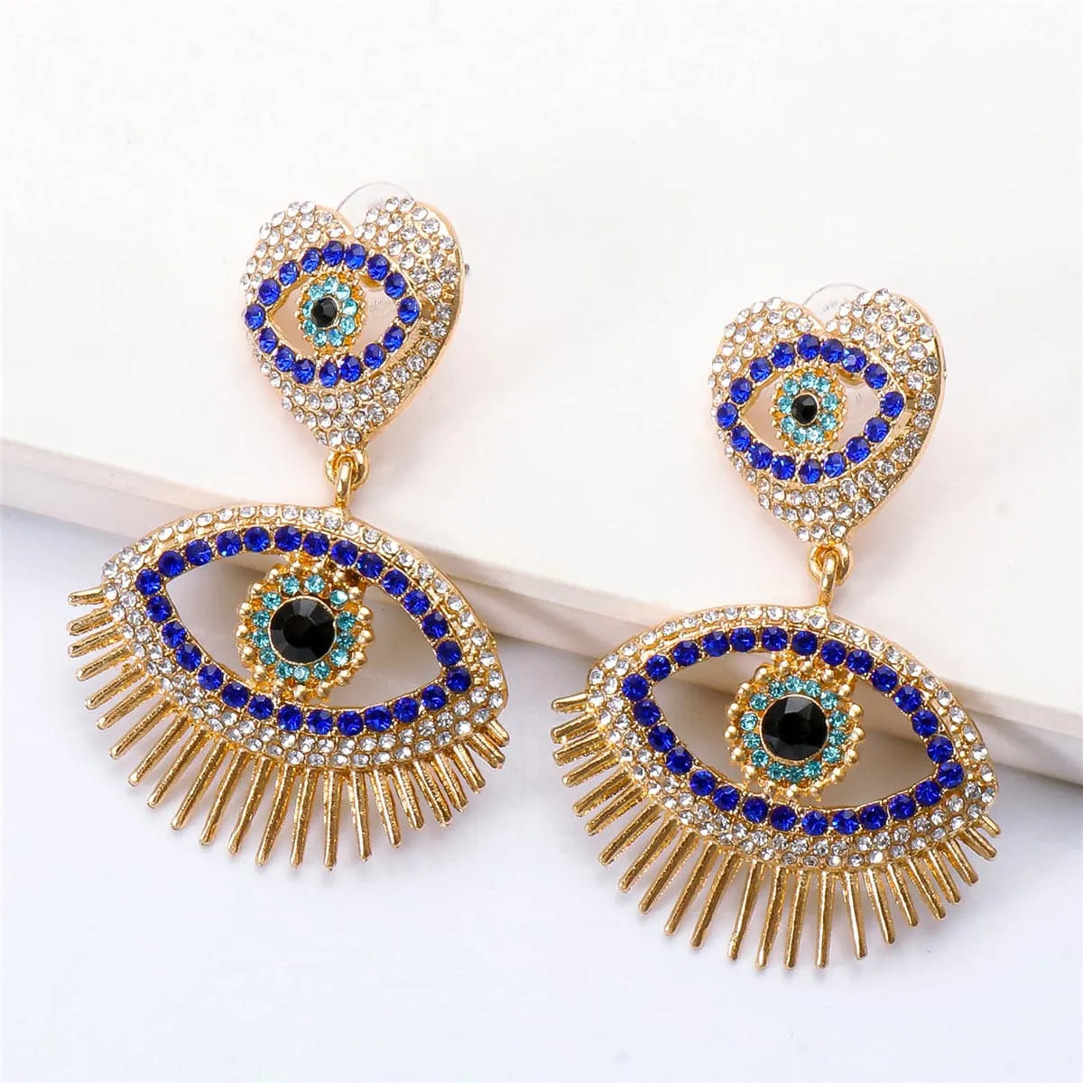 Blue Cubic Zirconia & 18K Gold-Plated Evil Eye Drop Earrings