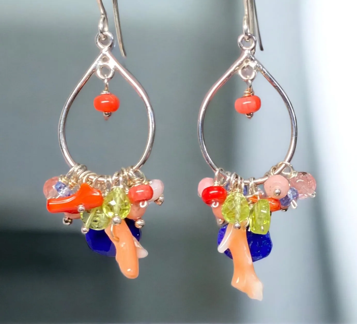 Blue Lapis Branch Coral Hoop Earrings Sterling Silver