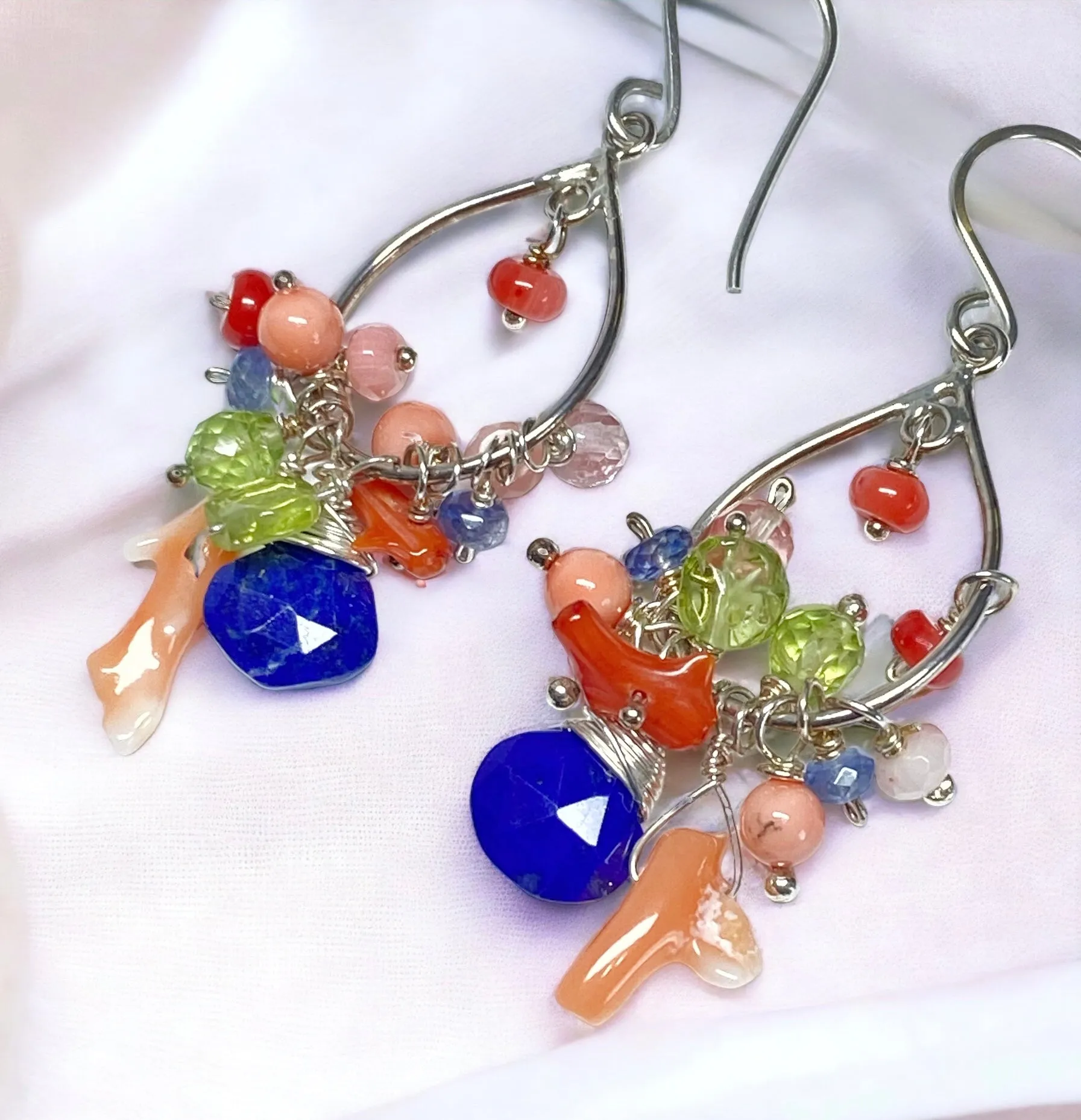 Blue Lapis Branch Coral Hoop Earrings Sterling Silver