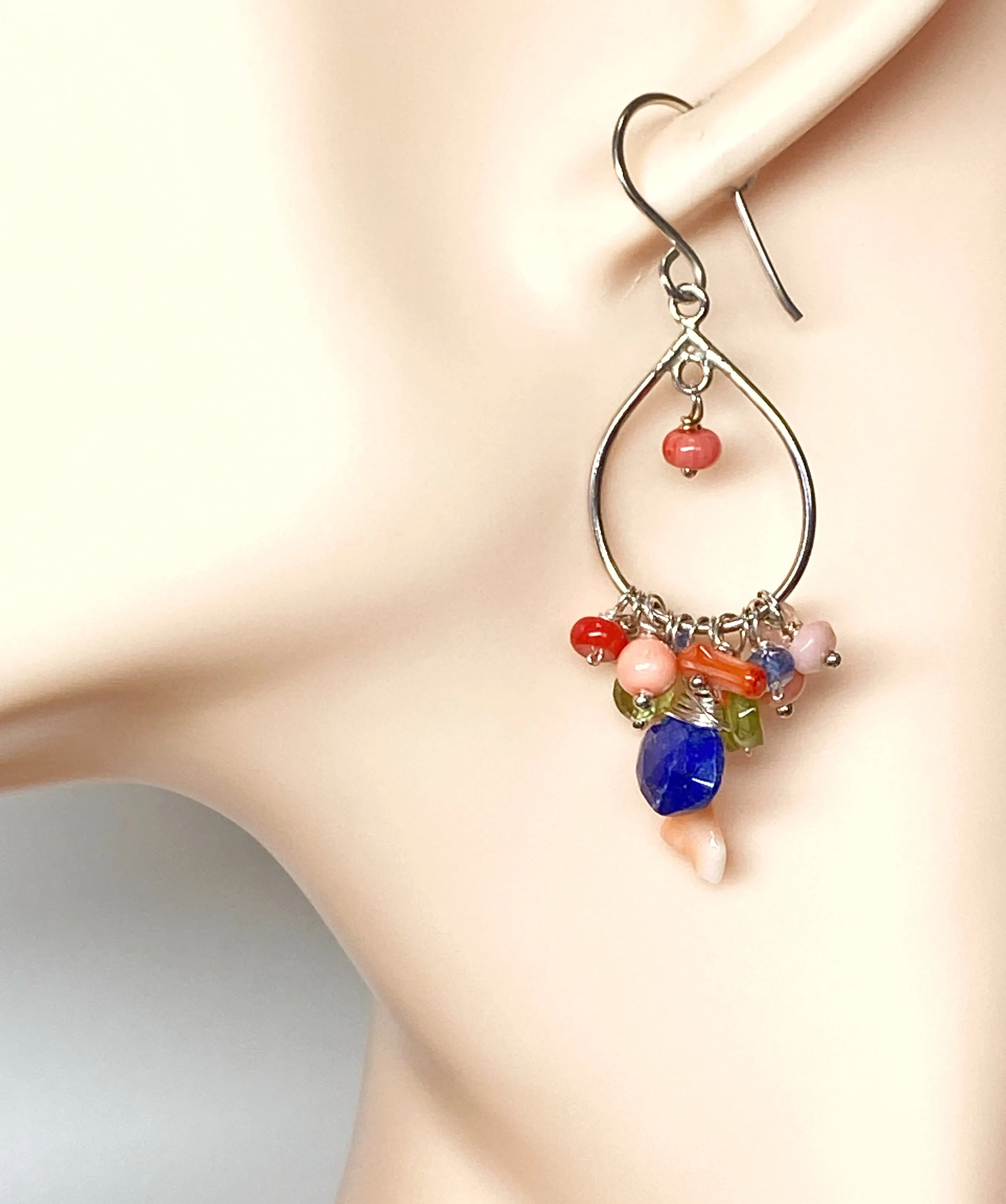 Blue Lapis Branch Coral Hoop Earrings Sterling Silver