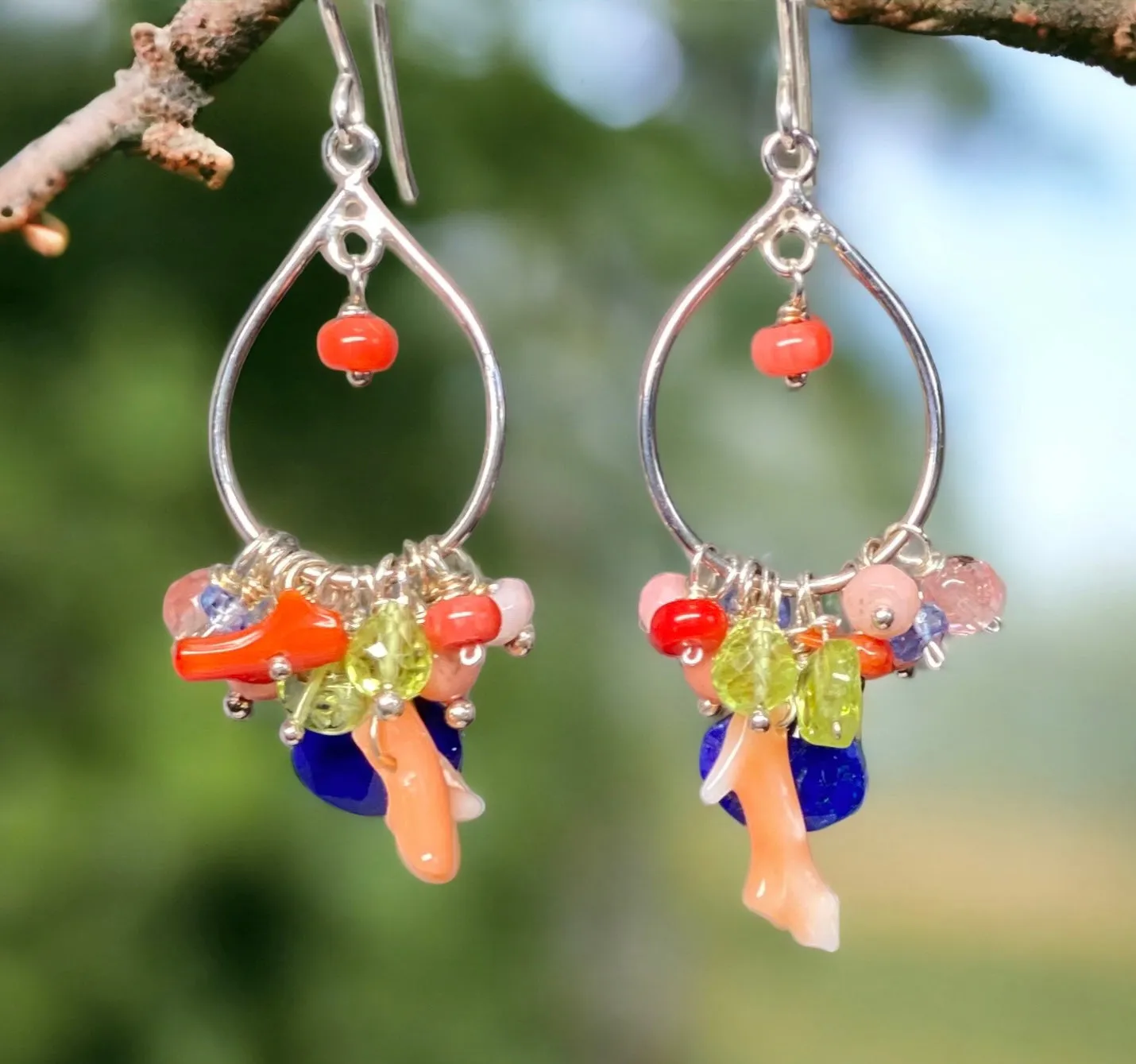 Blue Lapis Branch Coral Hoop Earrings Sterling Silver