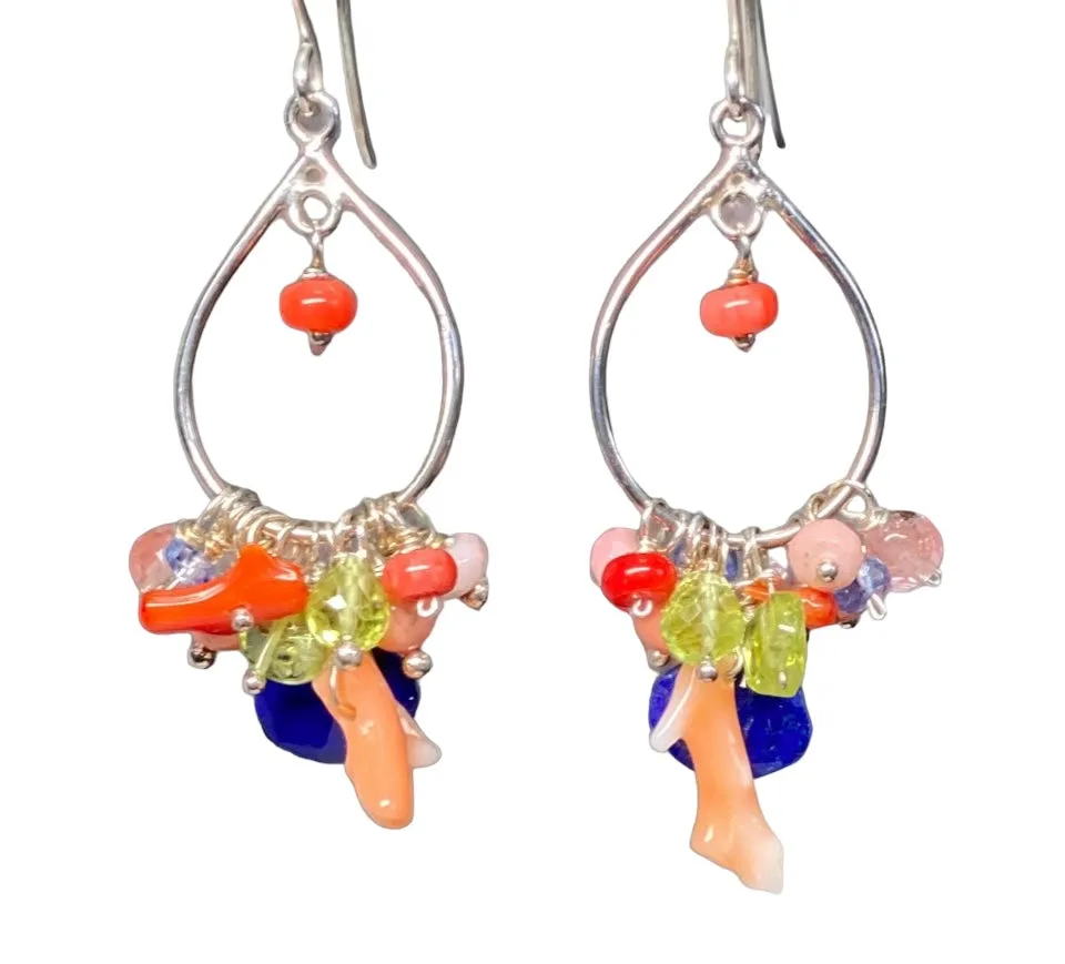 Blue Lapis Branch Coral Hoop Earrings Sterling Silver