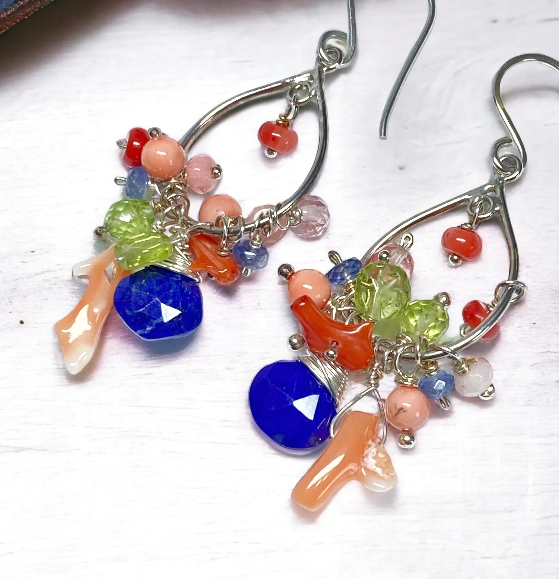 Blue Lapis Branch Coral Hoop Earrings Sterling Silver