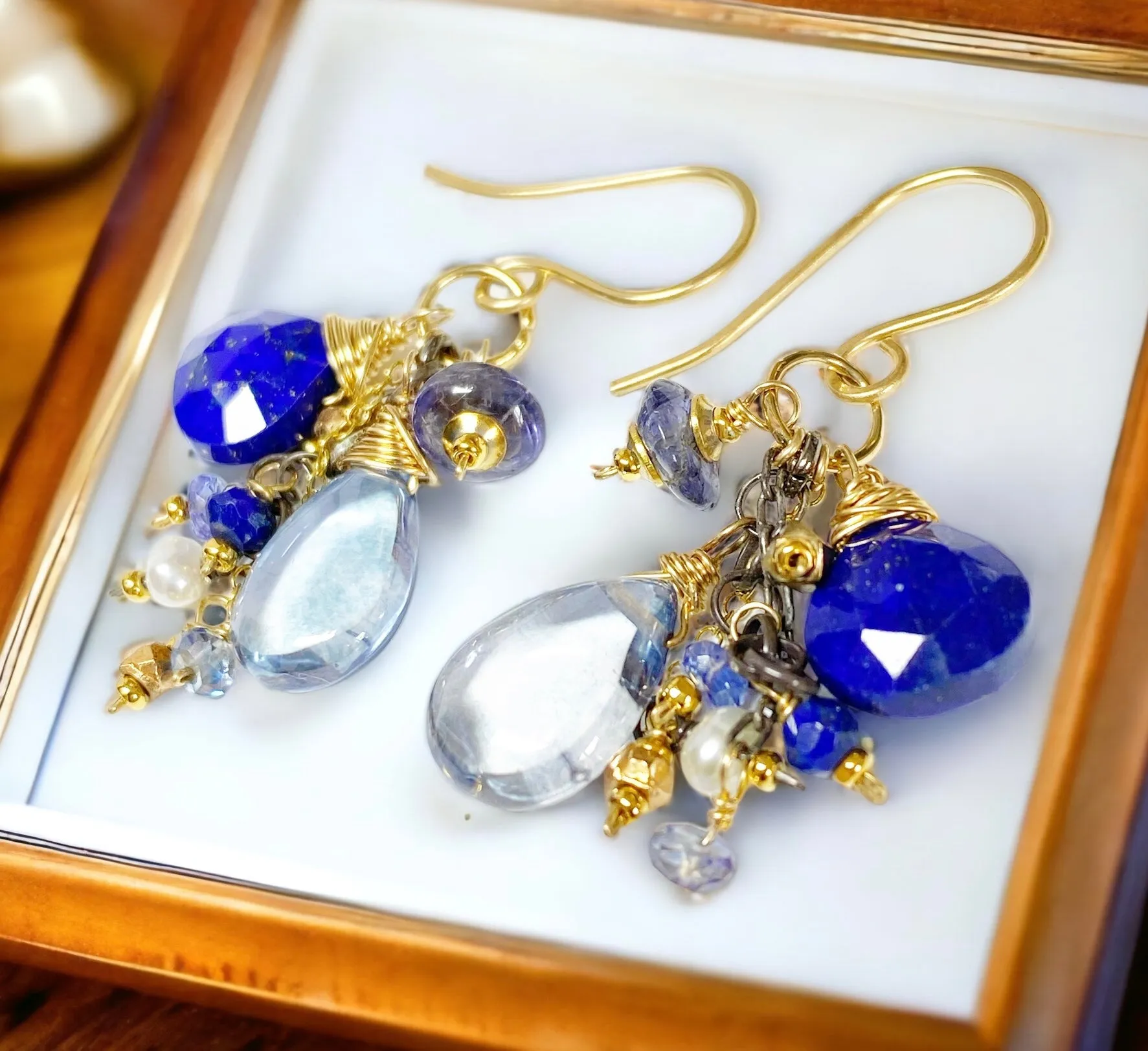 Blue Lapis Dangle and Gemstone Chain Earrings