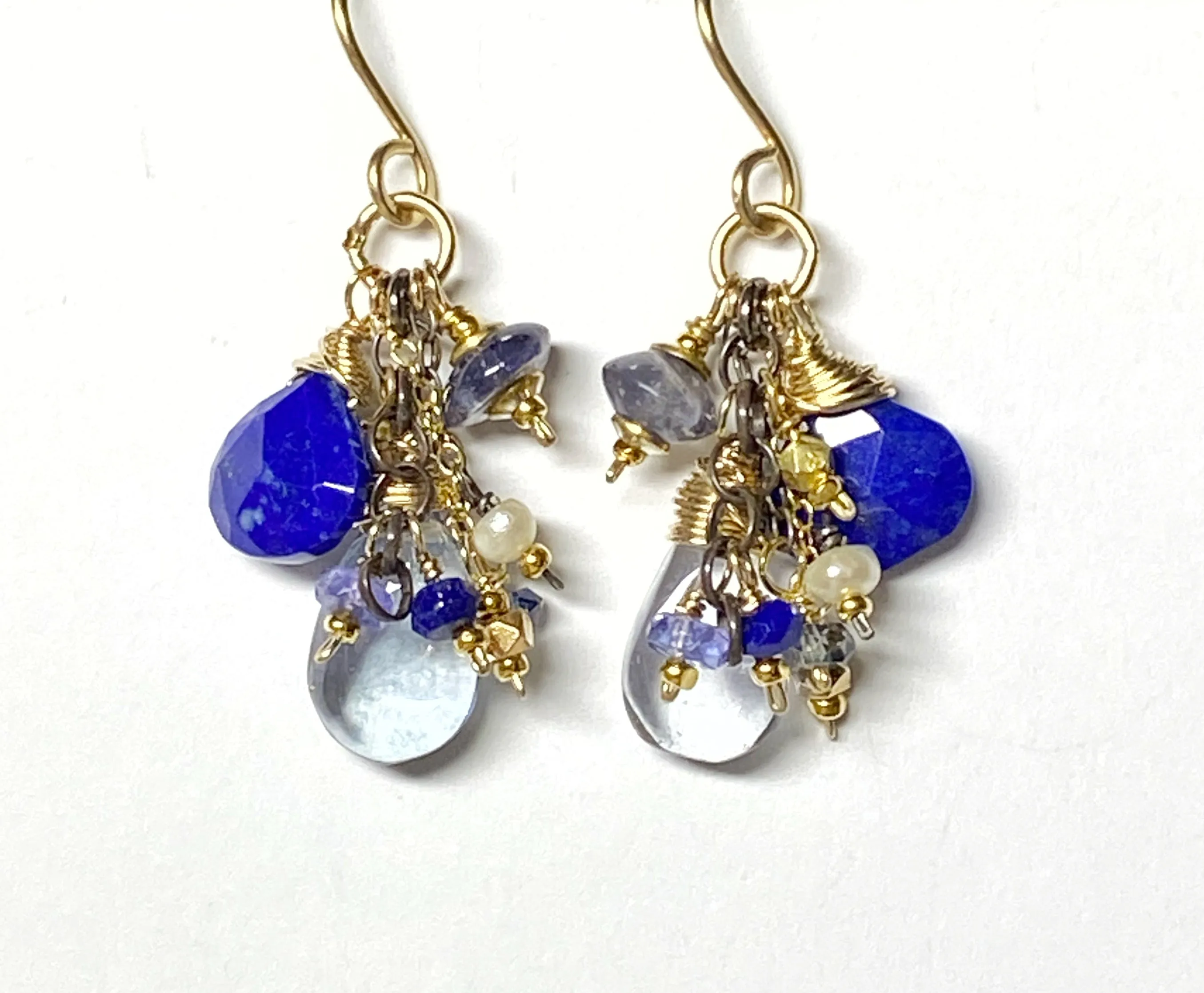 Blue Lapis Dangle and Gemstone Chain Earrings