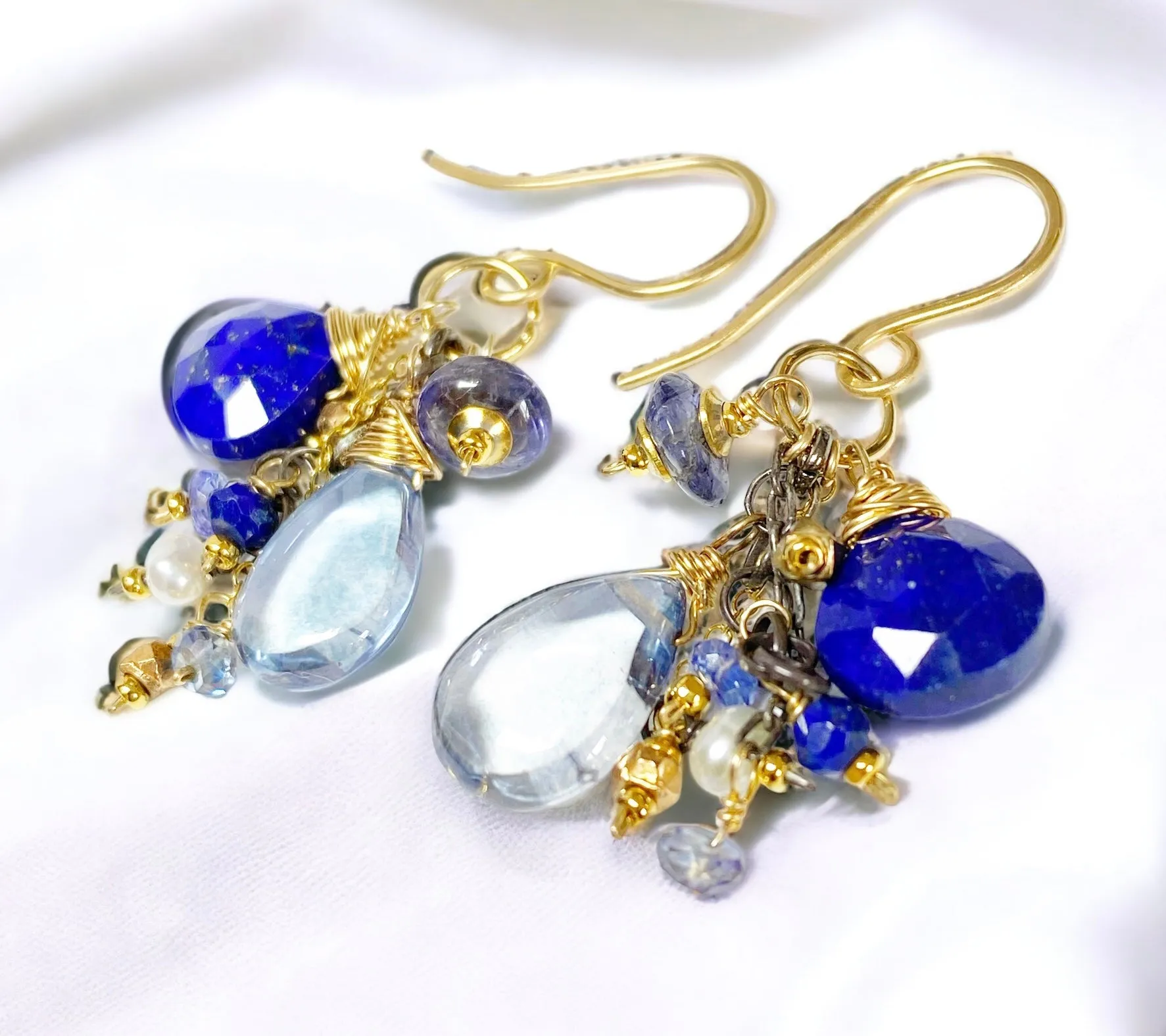 Blue Lapis Dangle and Gemstone Chain Earrings