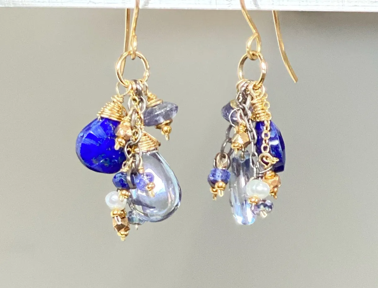 Blue Lapis Dangle and Gemstone Chain Earrings