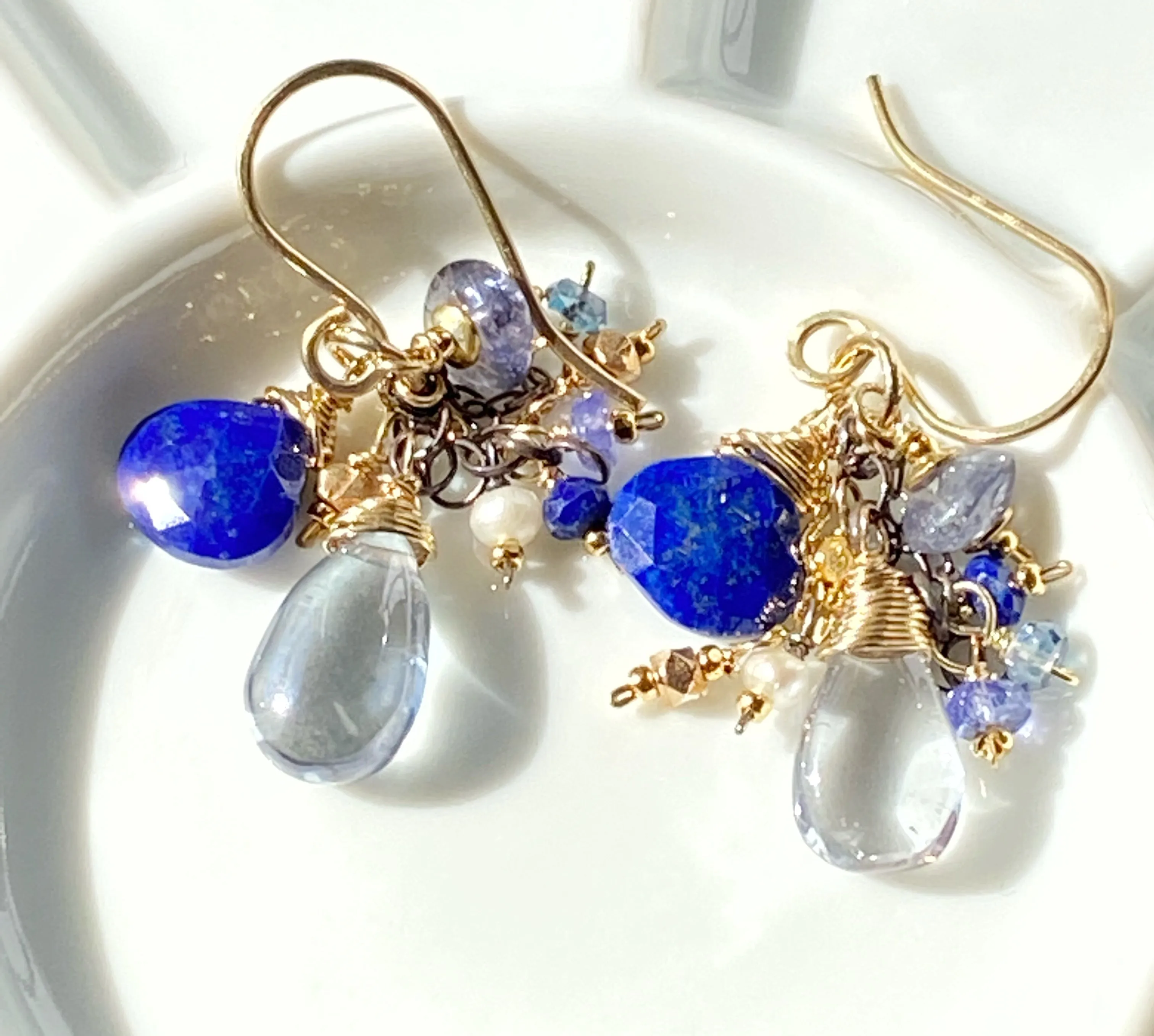 Blue Lapis Dangle and Gemstone Chain Earrings