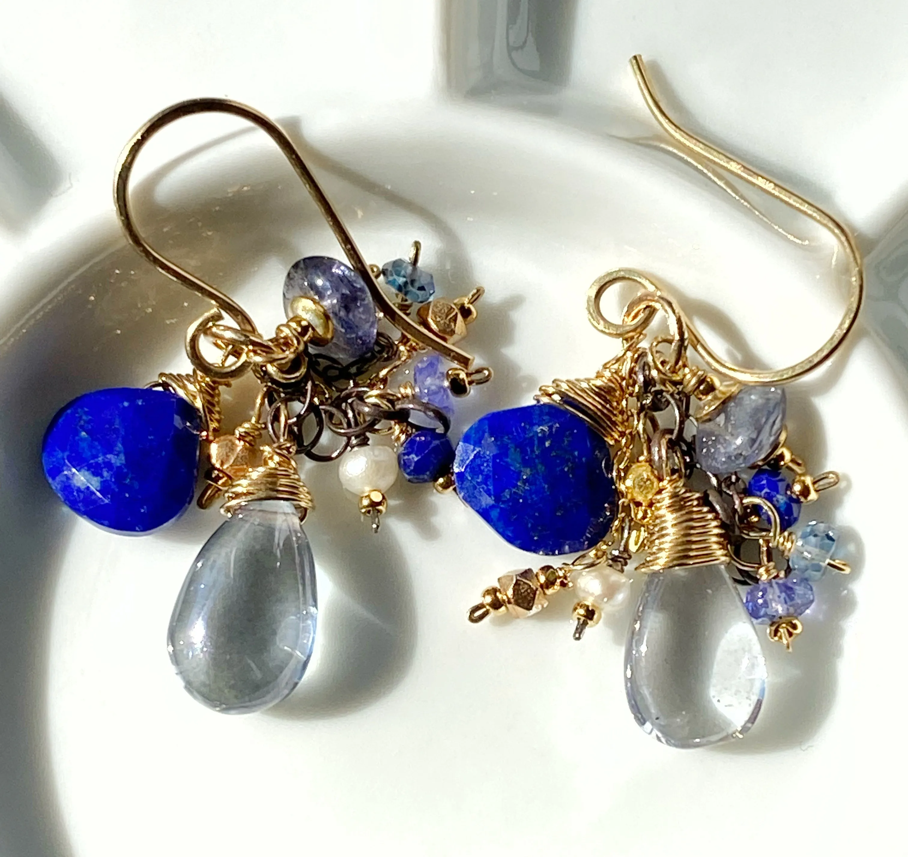 Blue Lapis Dangle and Gemstone Chain Earrings