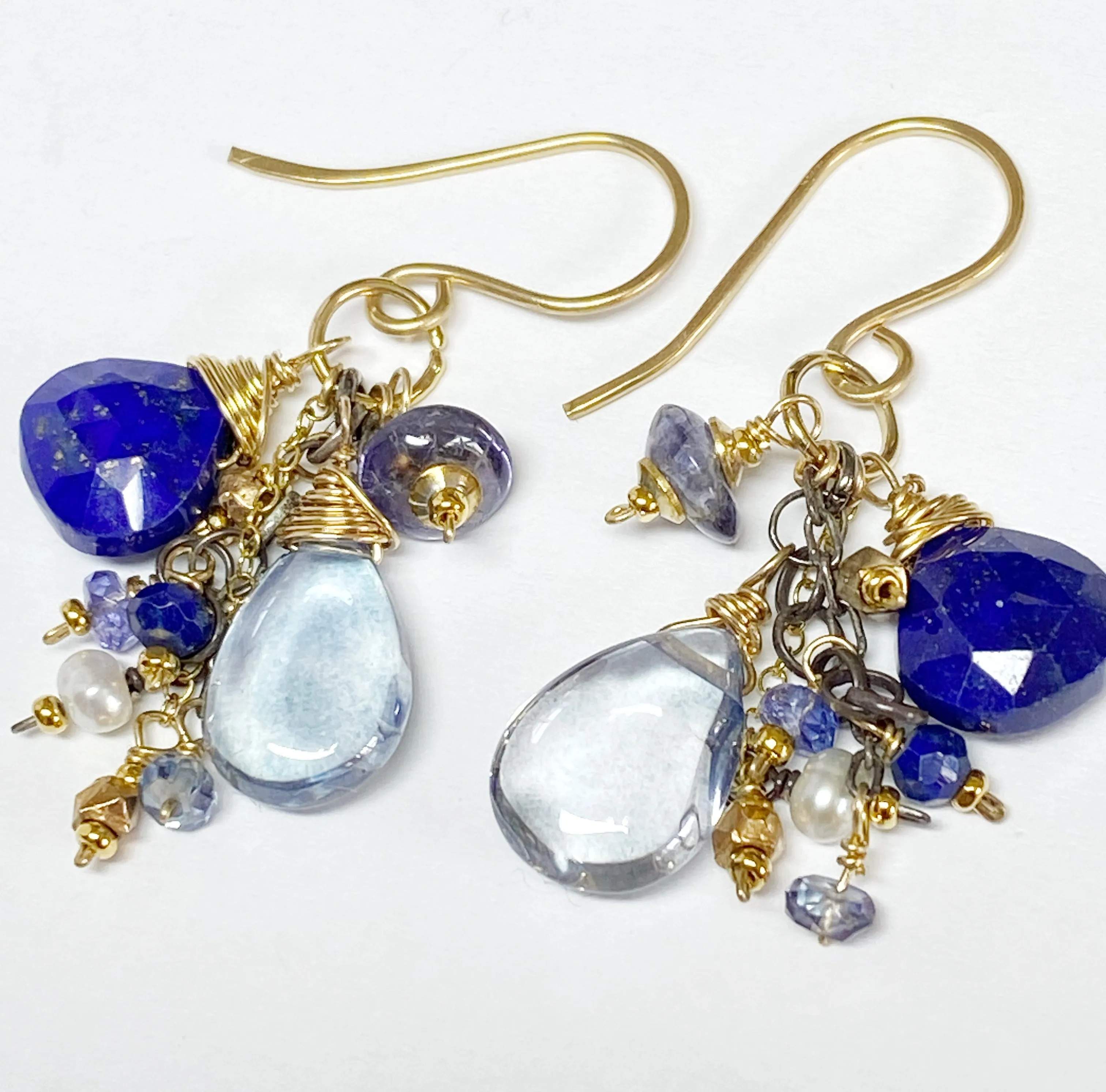 Blue Lapis Dangle and Gemstone Chain Earrings