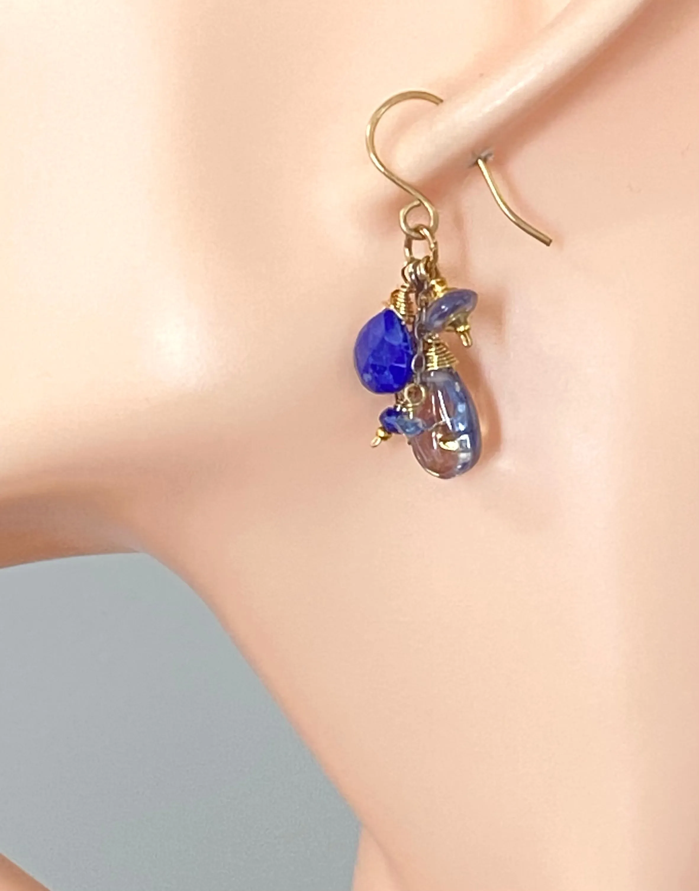 Blue Lapis Dangle and Gemstone Chain Earrings