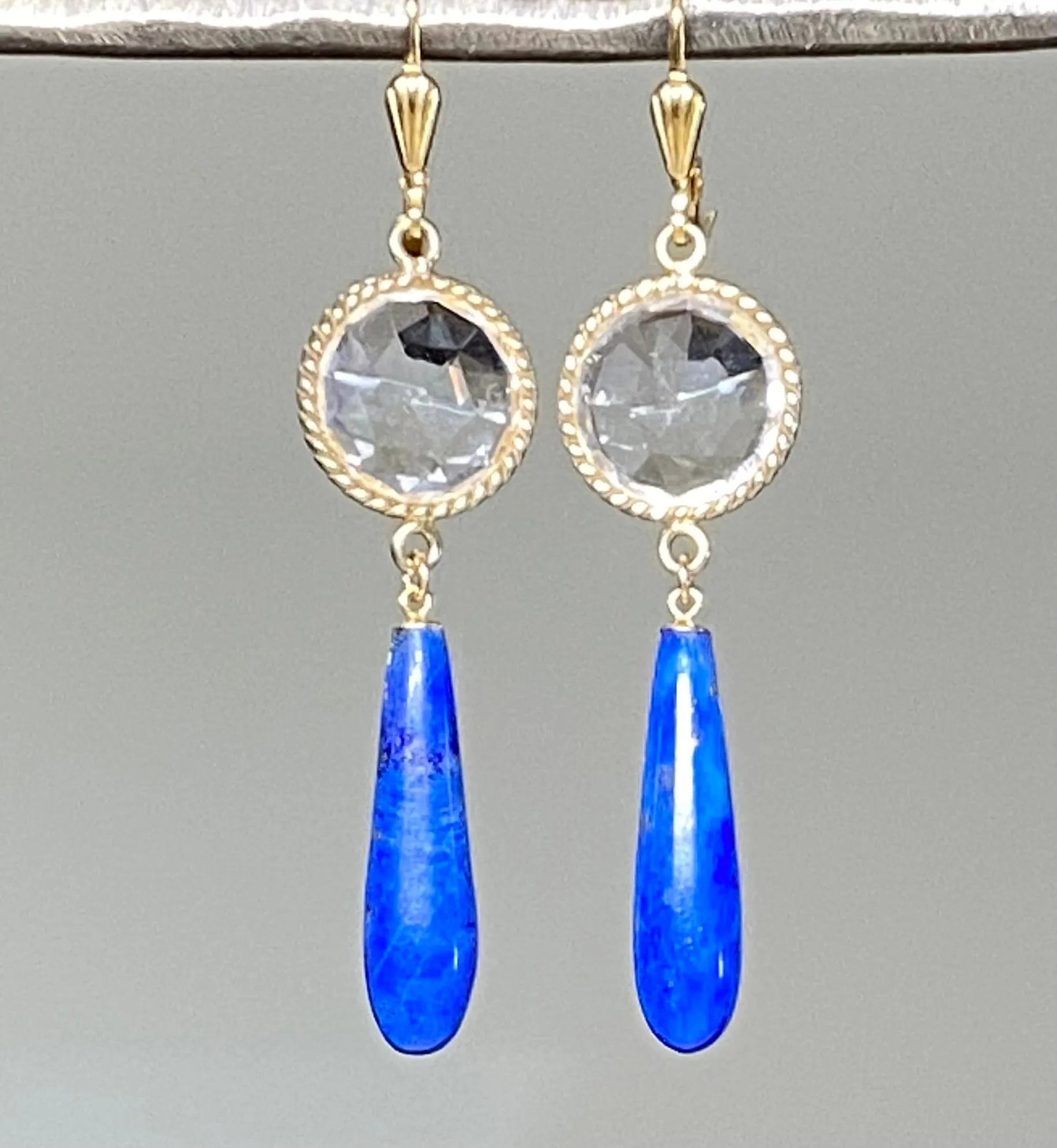 Blue Lapis Long Dangle Earrings with Crystal Quartz