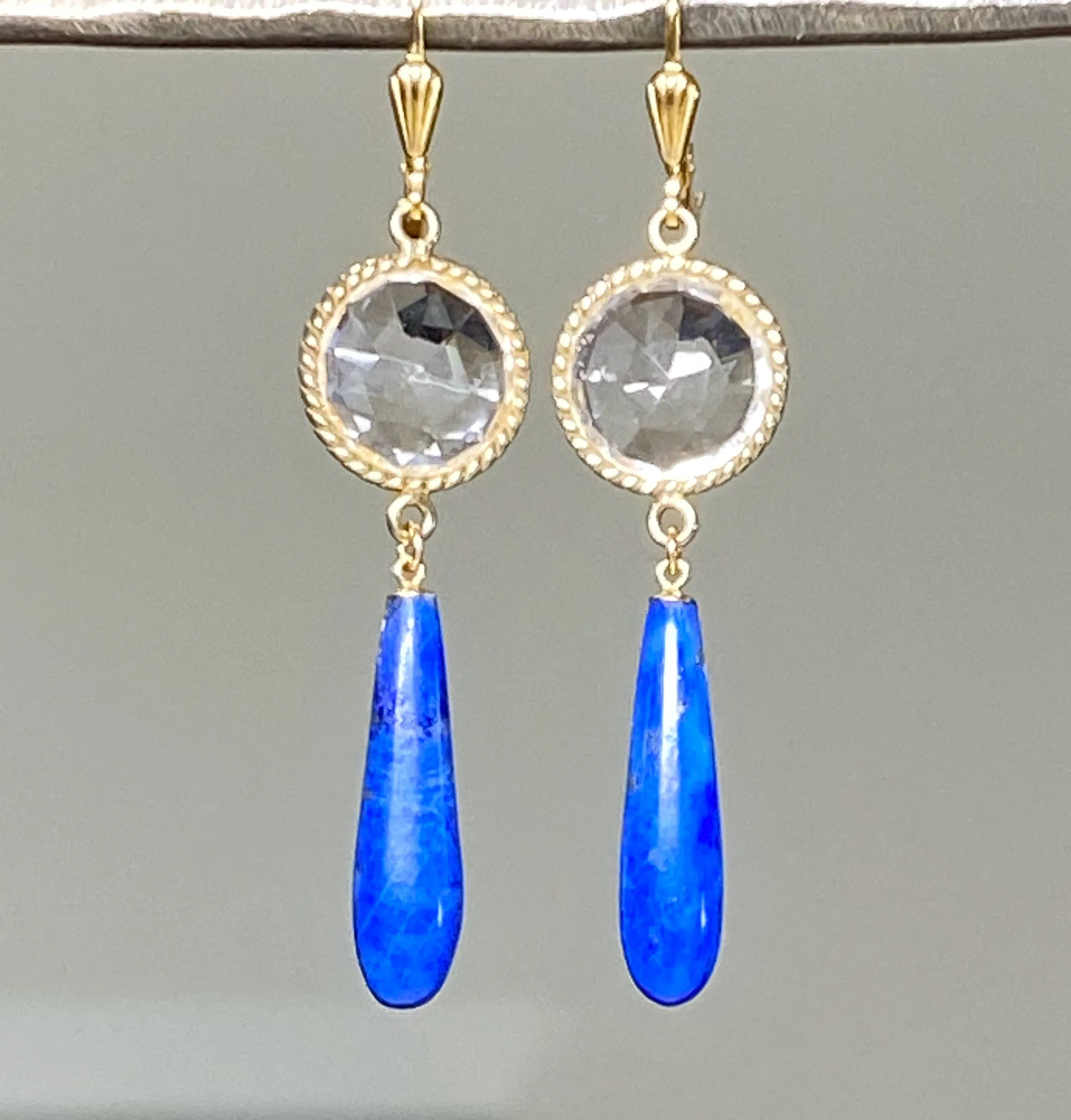 Blue Lapis Long Dangle Earrings with Crystal Quartz