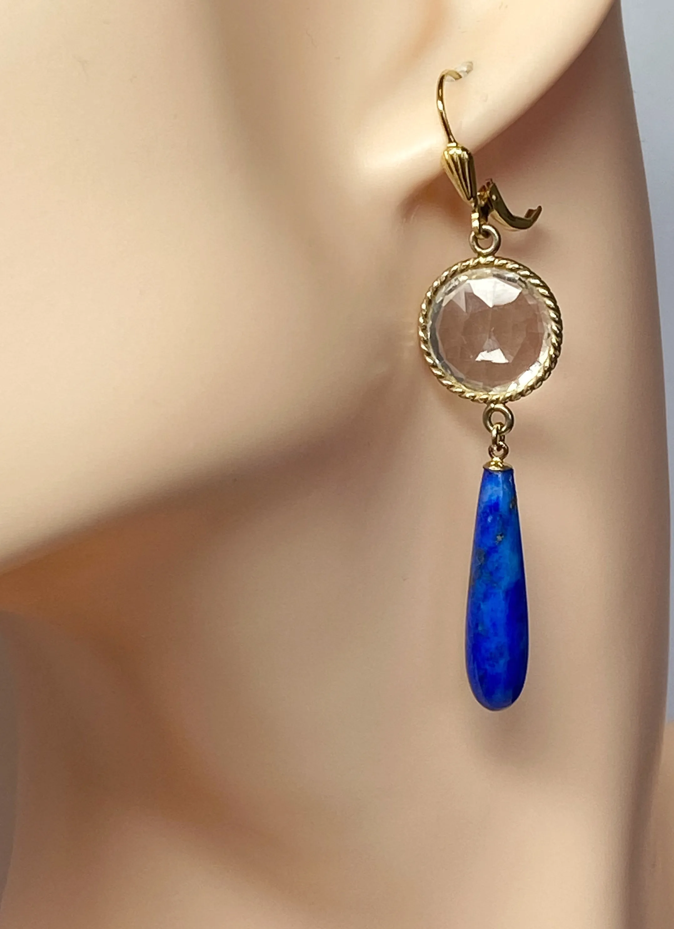 Blue Lapis Long Dangle Earrings with Crystal Quartz