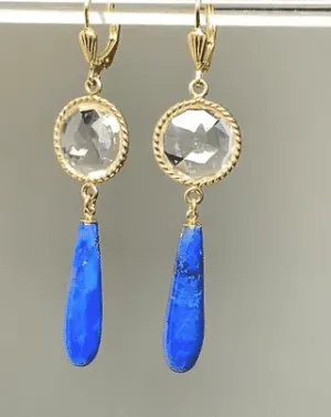 Blue Lapis Long Dangle Earrings with Crystal Quartz