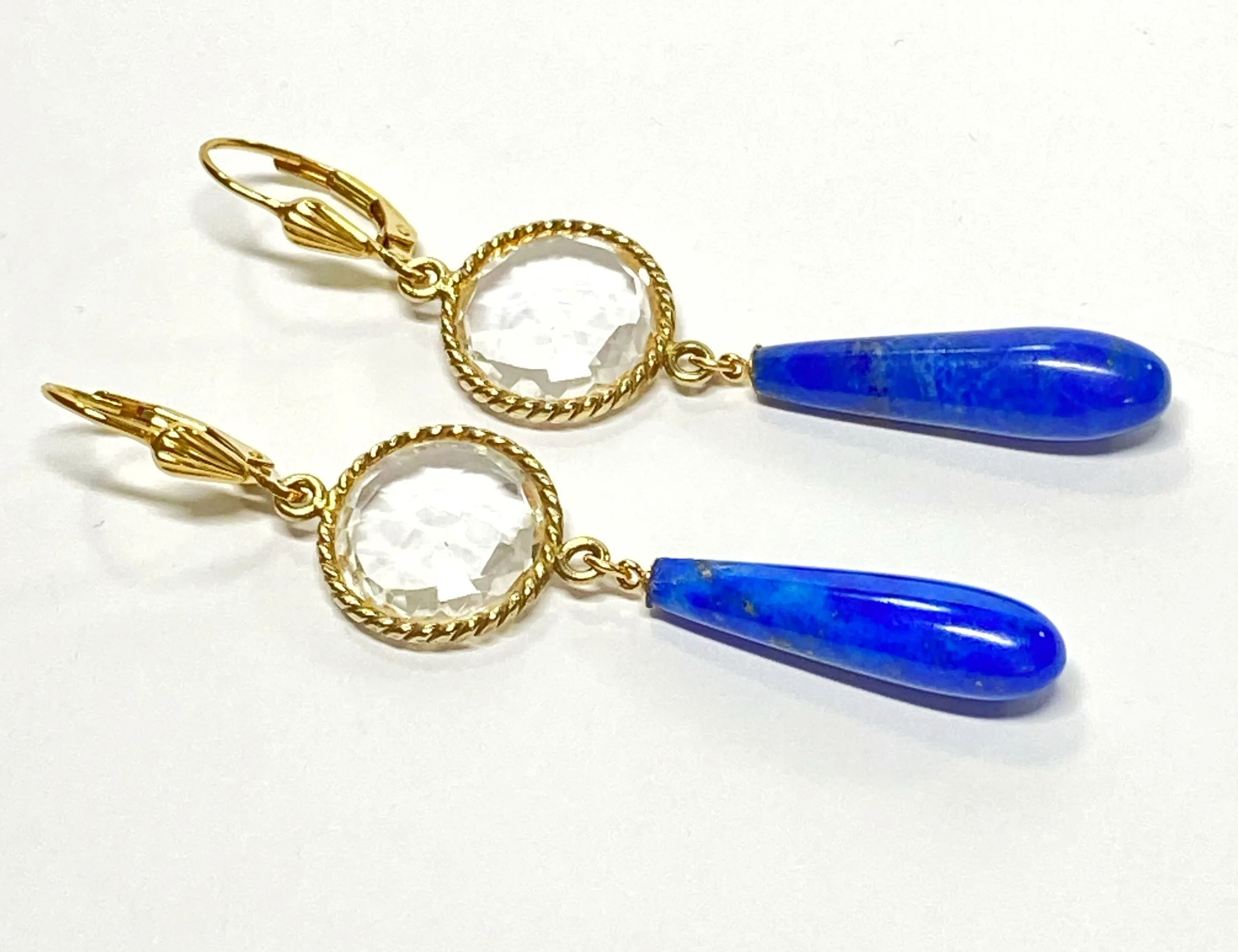 Blue Lapis Long Dangle Earrings with Crystal Quartz