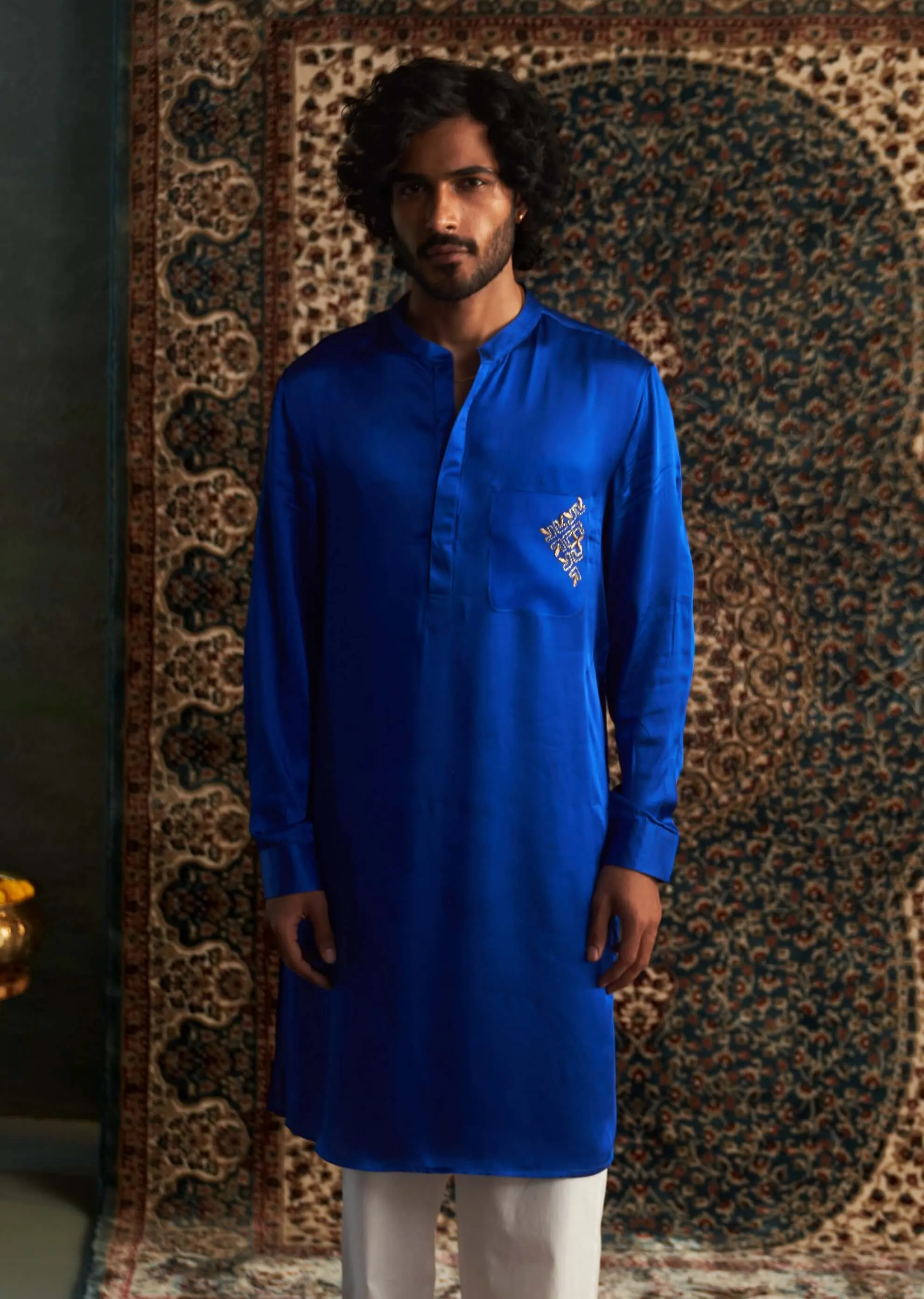 Blue modal satin kurta and straight pants