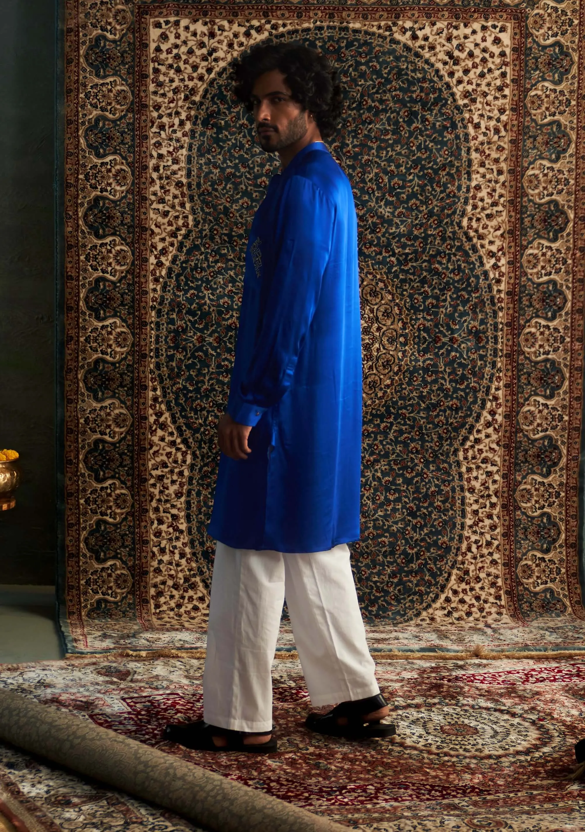 Blue modal satin kurta and straight pants