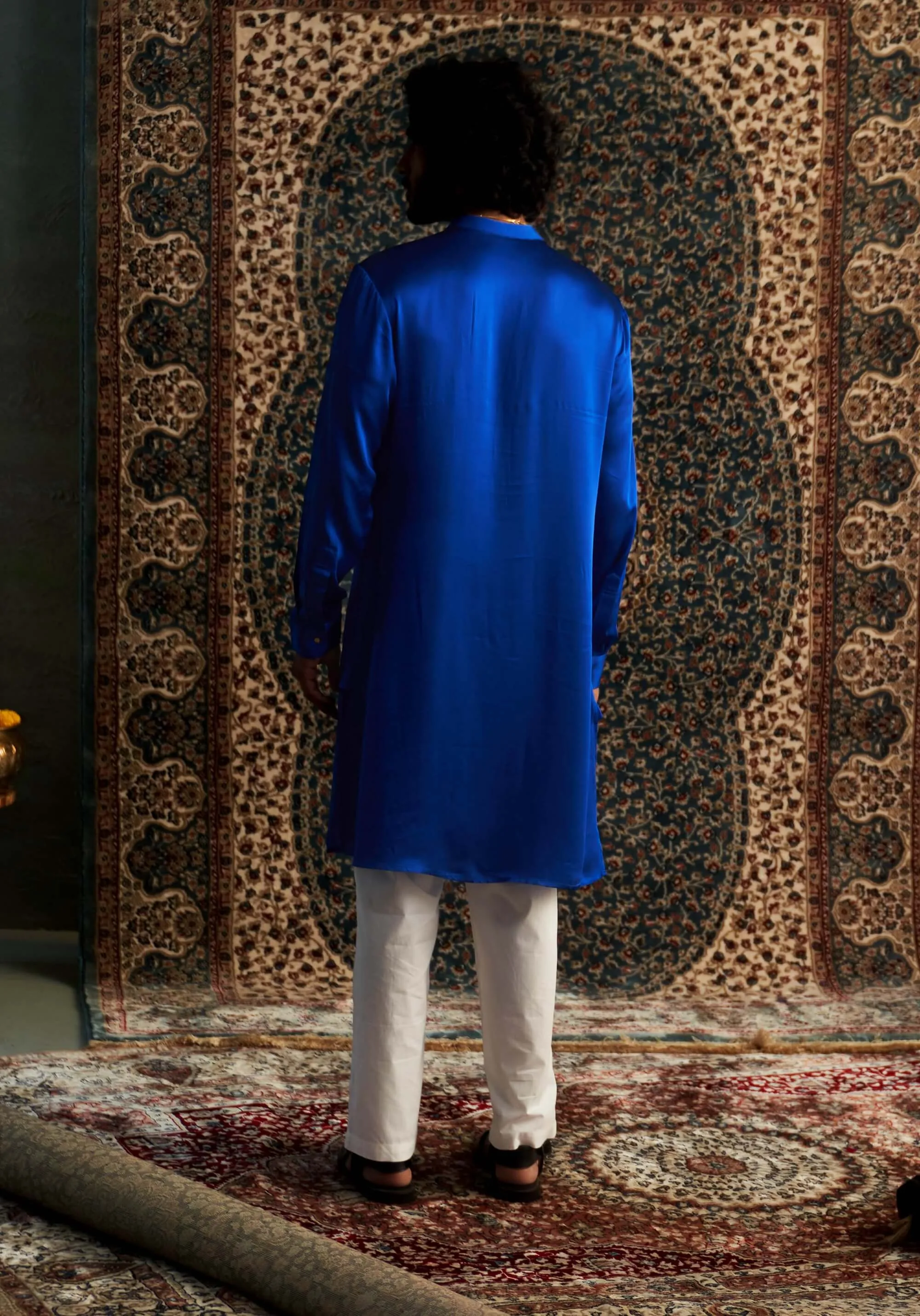 Blue modal satin kurta and straight pants