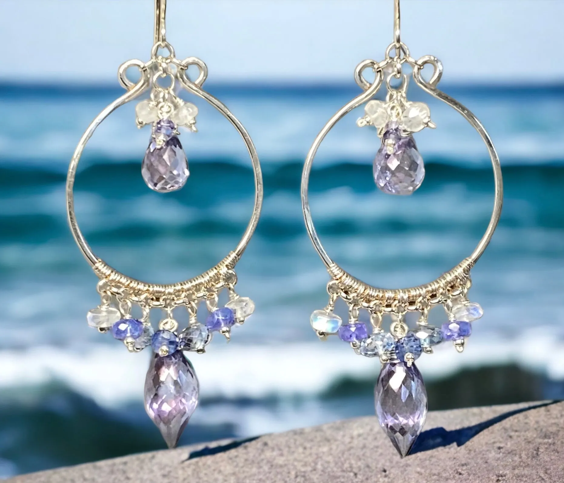 Blue Purple Gemstone Chandelier Hoop Earrings Sterling Silver