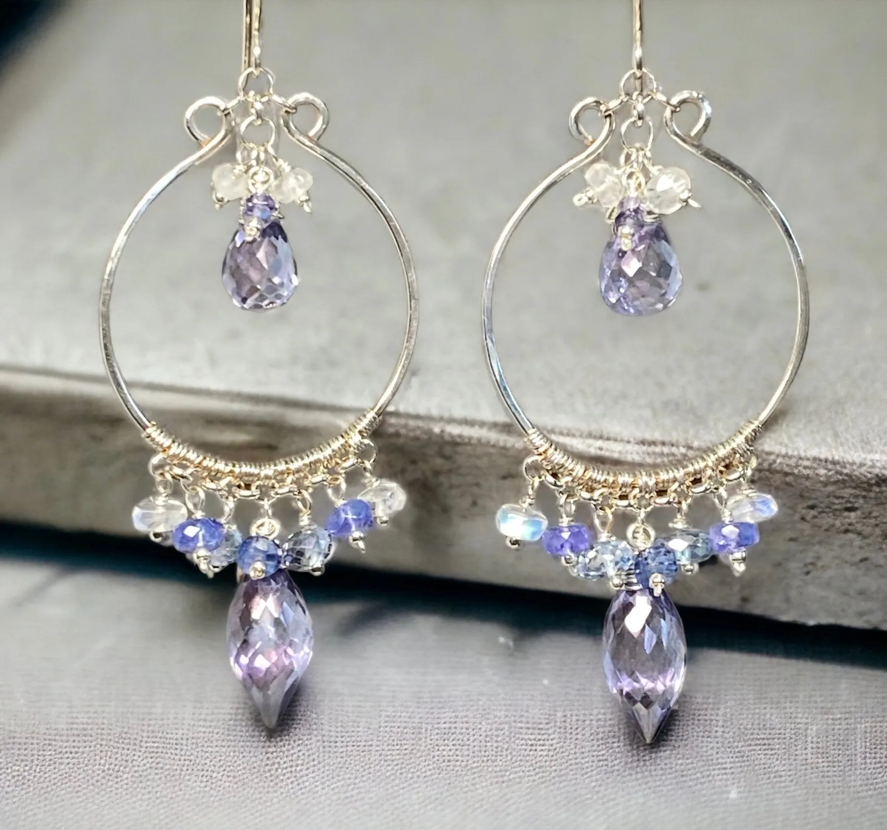 Blue Purple Gemstone Chandelier Hoop Earrings Sterling Silver