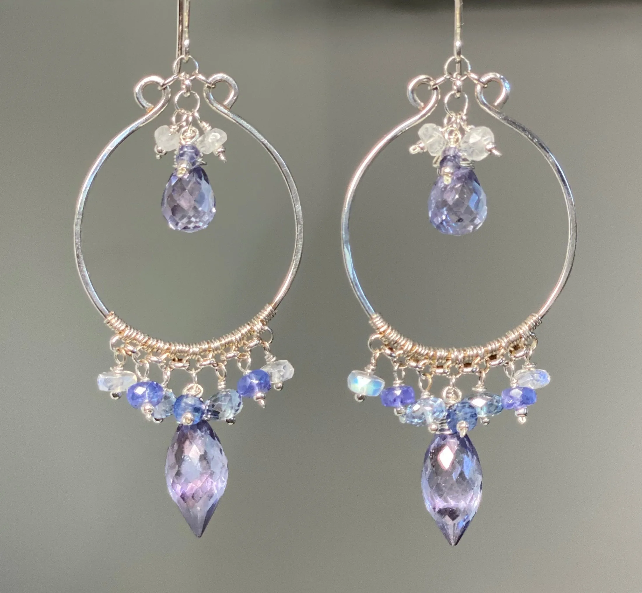 Blue Purple Gemstone Chandelier Hoop Earrings Sterling Silver