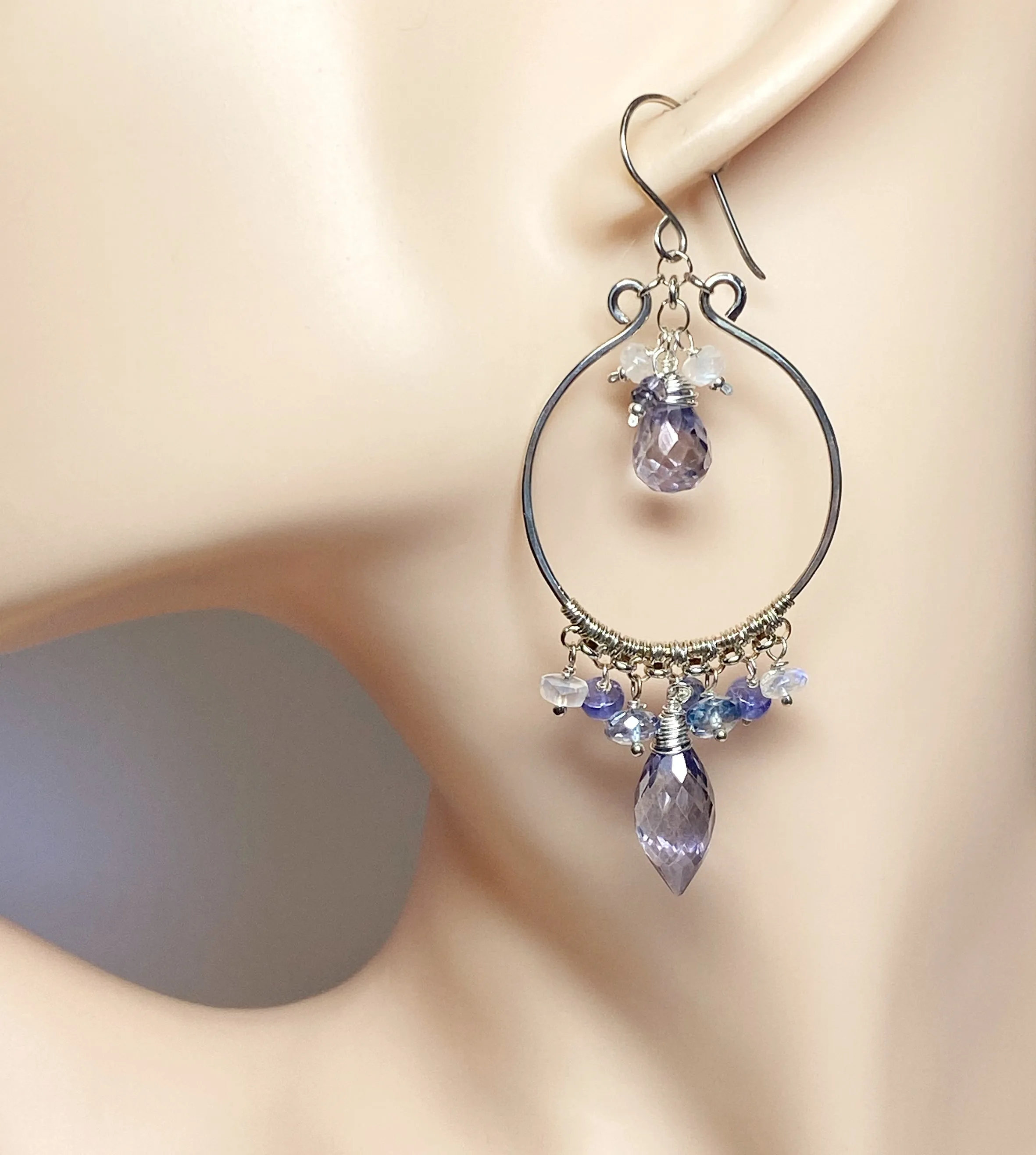 Blue Purple Gemstone Chandelier Hoop Earrings Sterling Silver