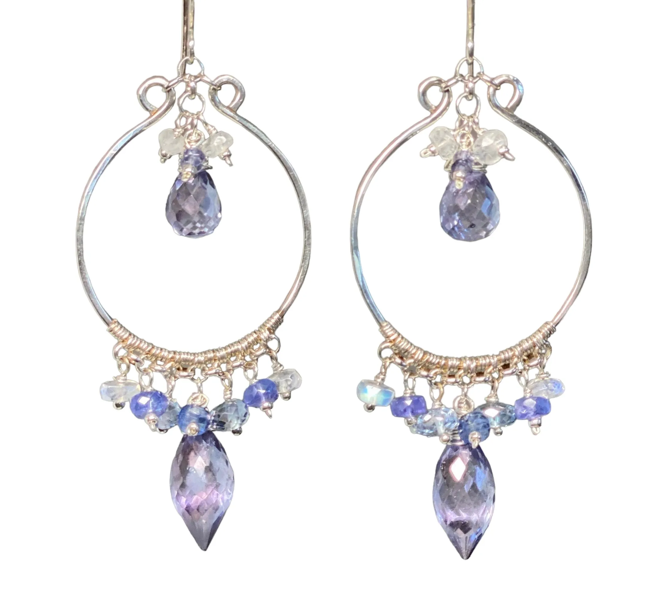Blue Purple Gemstone Chandelier Hoop Earrings Sterling Silver